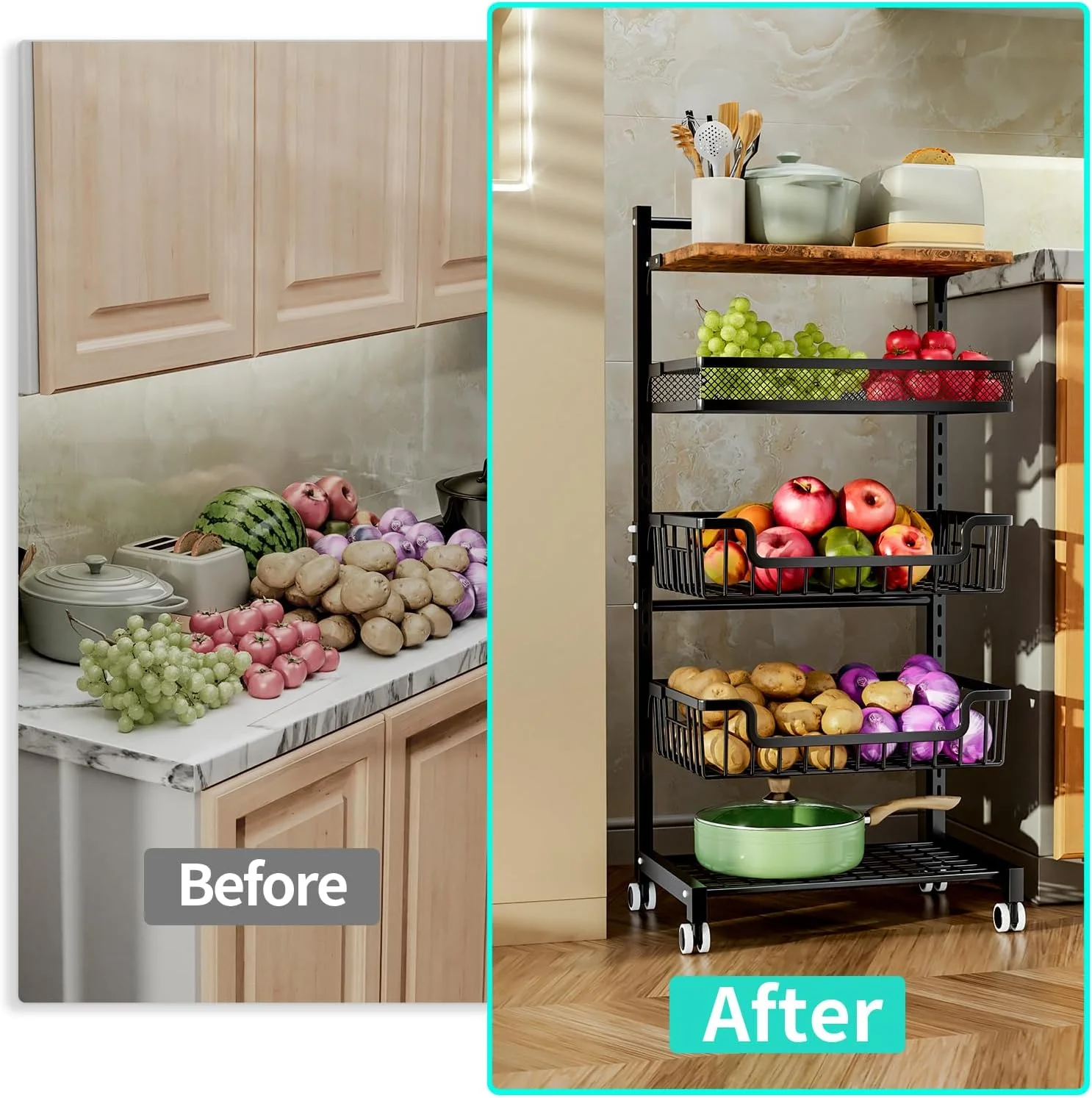 سبد میوه 5 طبقه HapiRm، سبد میوه و سبزیجات قابل تنظیم، قفسه میوه با میز چوبی، سبد تنقلات چرخ دار، سبد فلزی توری و سیمی برای نگهداری پیاز و سیب زمینی