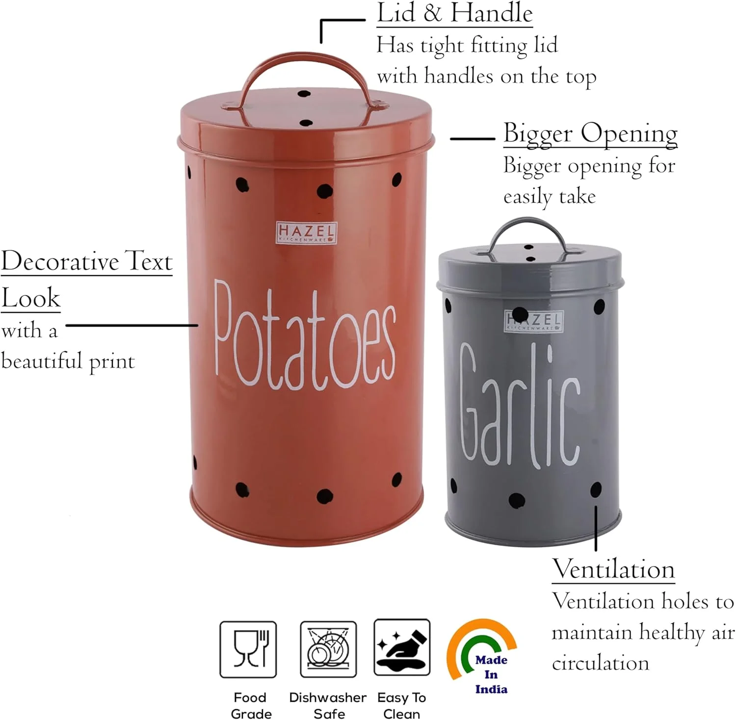 ظرف نگهداری پیاز و سیب زمینی فلزی گالوانیزه HAZEL برای آشپزخانه (قرمز و خاکستری، سیر و سیب زمینی)، 1.2 کیلوگرم
