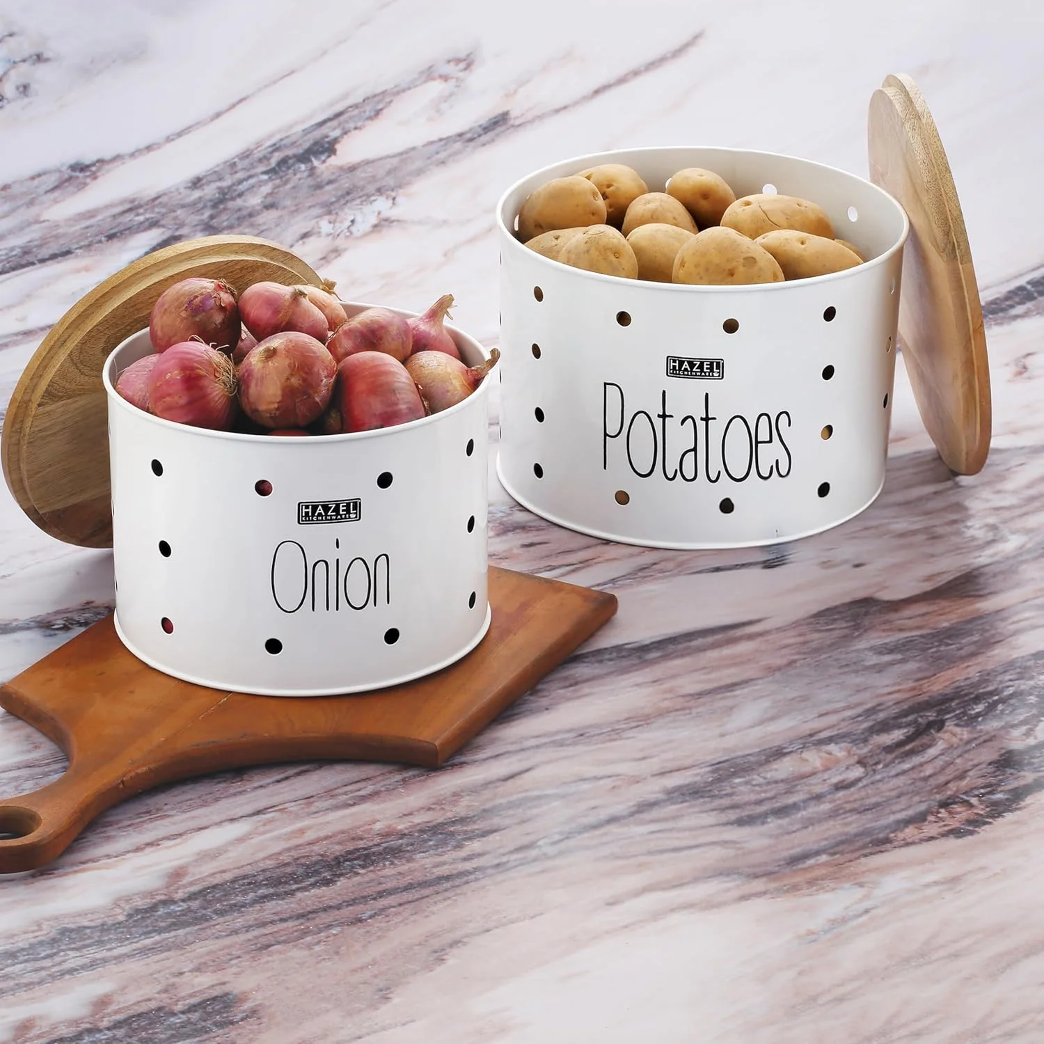 ظرف نگهداری سیب زمینی و پیاز HAZEL برای آشپزخانه | ظرف پیاز و سیب زمینی با درب چوبی، ست 2 عددی، سفید ظرف نگهداری سیب زمینی و پیاز HAZEL برای آشپزخانه | ظرف پیاز و سیب زمینی با درب چوبی، ست 2 عددی، سفید