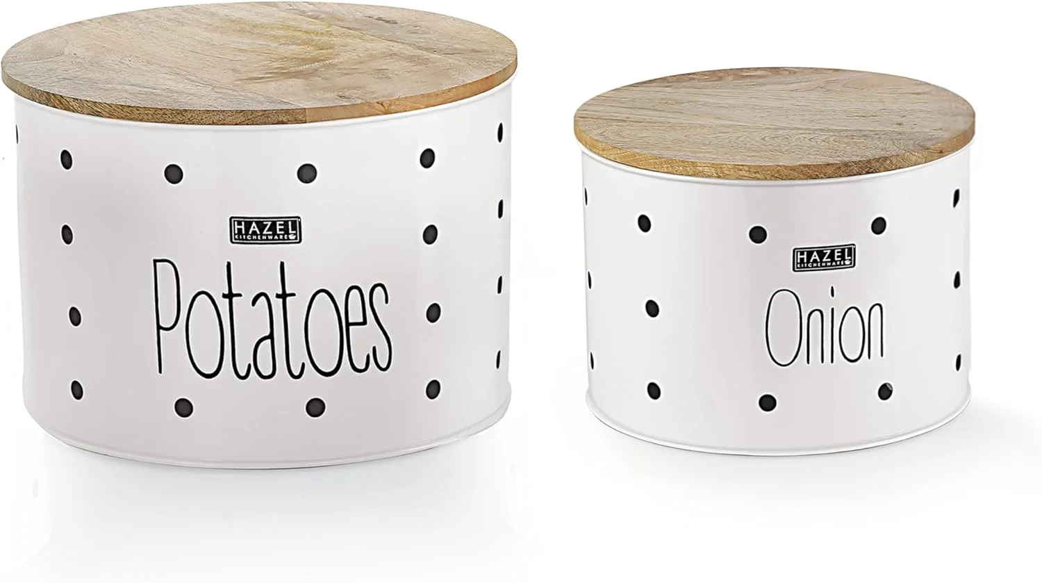 ظرف نگهداری سیب زمینی و پیاز HAZEL برای آشپزخانه | ظرف پیاز و سیب زمینی با درب چوبی، ست 2 عددی، سفید