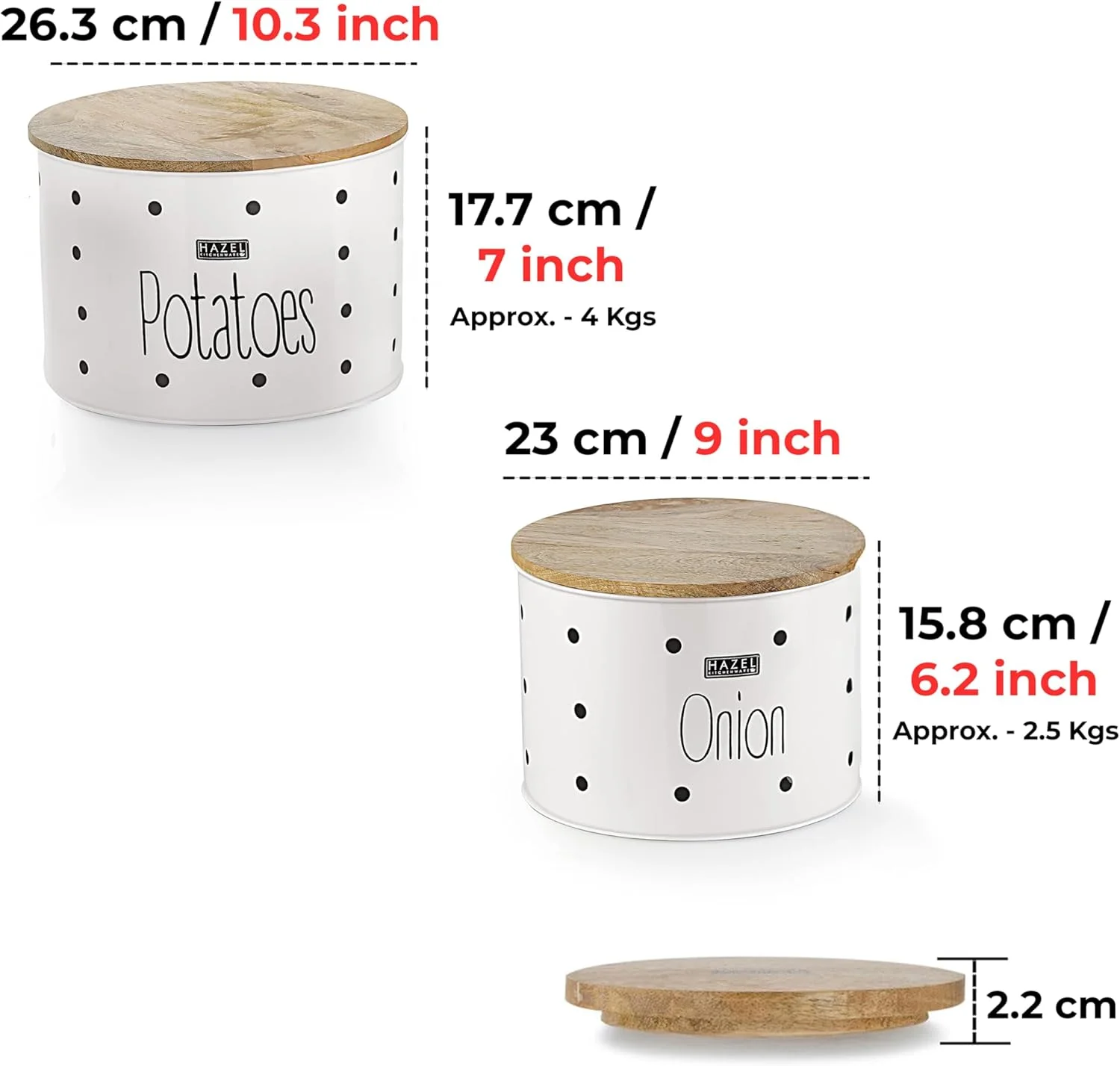 ظرف نگهداری سیب زمینی و پیاز HAZEL برای آشپزخانه | ظرف پیاز و سیب زمینی با درب چوبی، ست 2 عددی، سفید