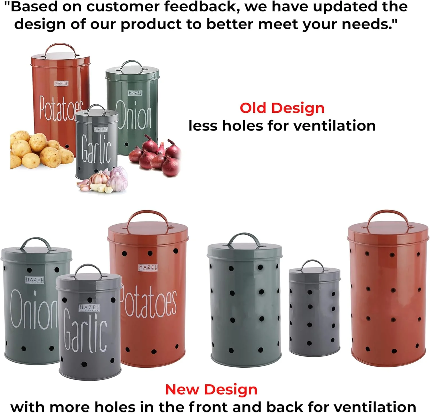 ظرف نگهداری پیاز، سیب زمینی و سیر HAZEL برای آشپزخانه | ست ظروف نگهداری آشپزخانه | ظرف نگهداری مواد غذایی با درب، ست 3 عددی، گالوانیزه برای سیب زمینی، سیر و پیاز