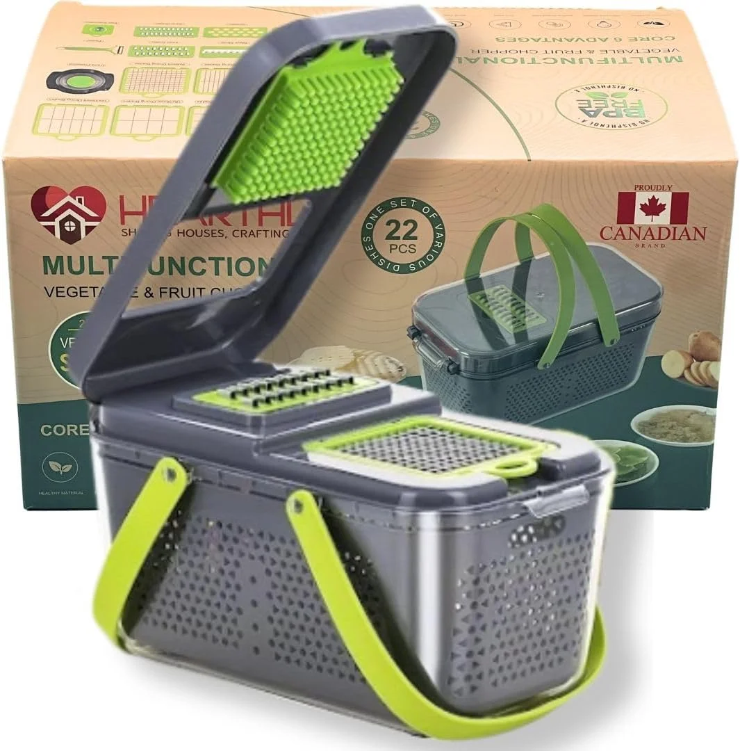 خردکن و اسلایسر سبزیجات 22 در 1 هارتلی (مفرمة وقطاعة) | ابزار آشپزخانه چند منظوره با 13 تیغه، محفظه نگهداری، اسلایسر تخم مرغ، برش سیب زمینی سرخ کرده، برس تمیز کننده - سبز