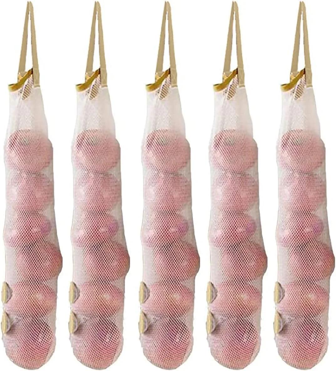 ست 5 عددی کیسه های توری آویز برای نگهداری، مناسب برای پیاز، سیر، سیب زمینی، کیسه های توری بزرگ و بلند چندبار مصرف برای نگهداری میوه، سبزیجات، فلفل سبز یا کیسه زباله برای خانه، کمپر و کاروان