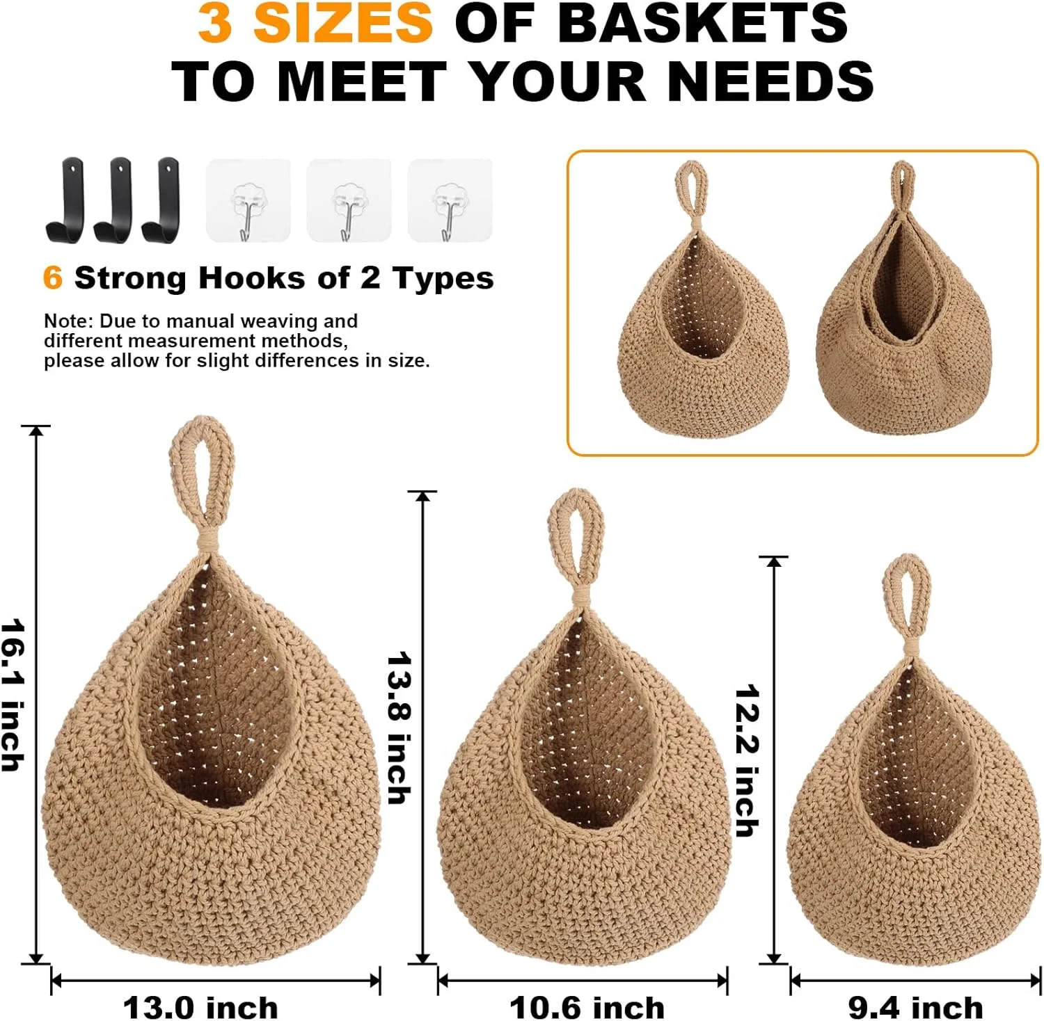 سبد آویز دیواری بوهو برای میوه آشپزخانه، بسته 3 عددی، نگهدارنده بافته شده محصولات با 6 عدد قلاب قوی، سبد آویز سبزیجات برای سازماندهی، قطره اشکی، مناسب برای نگهداری سیب زمینی و پیاز در خانه، جنس کتان