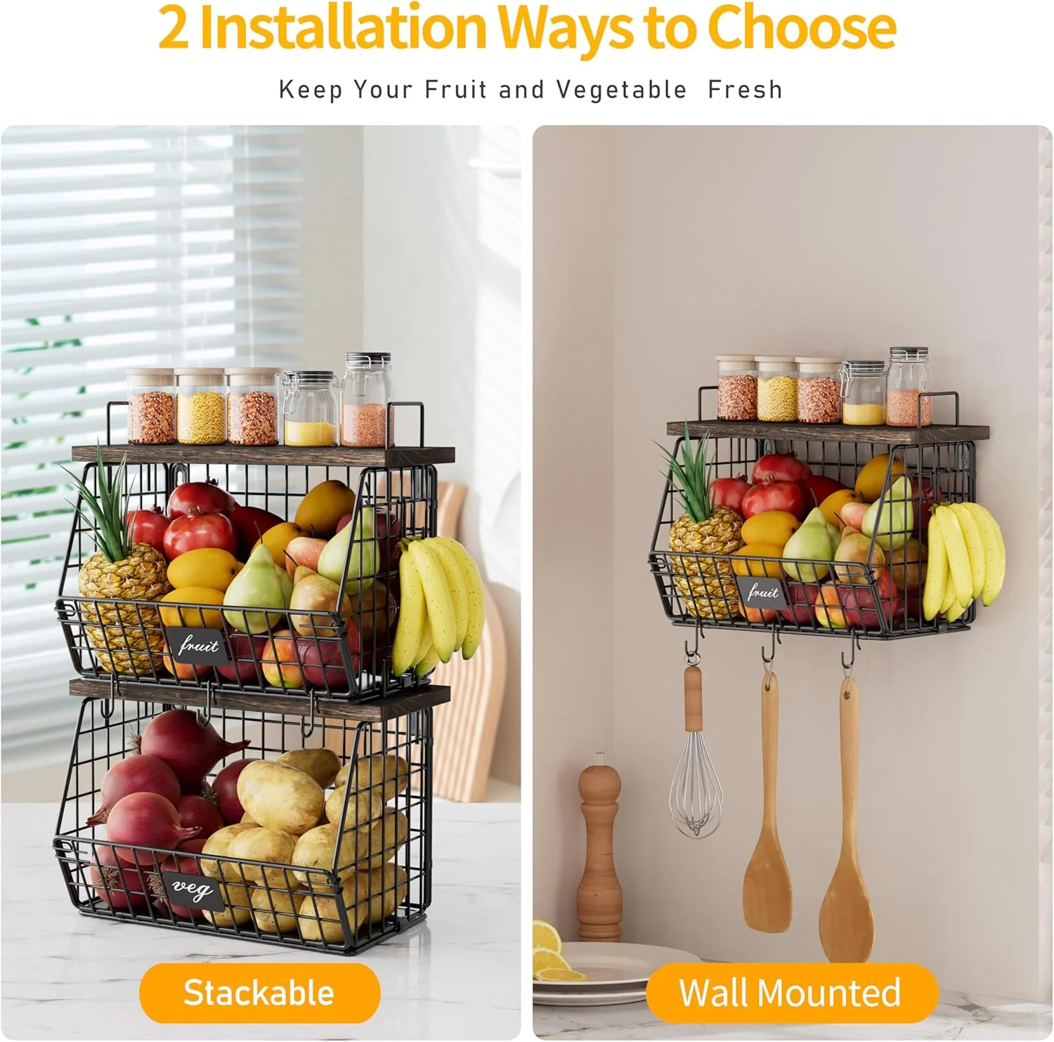 سبد میوه آویز دیواری برای پیشخوان آشپزخانه، سبد سیمی قابل انباشت برای نگهداری میوه، سبزیجات، سیب زمینی و پیاز، جا میوه ای دیواری با درب چوبی و دستگیره های فلزی، بسته 2 عددی سبد میوه آویز دیواری برای پیشخوان آشپزخانه، سبد سیمی قابل انباشت برای نگهداری میوه، سبزیجات، سیب زمینی و پیاز، جا میوه ای دیواری با درب چوبی و دستگیره های فلزی، بسته 2 عددی