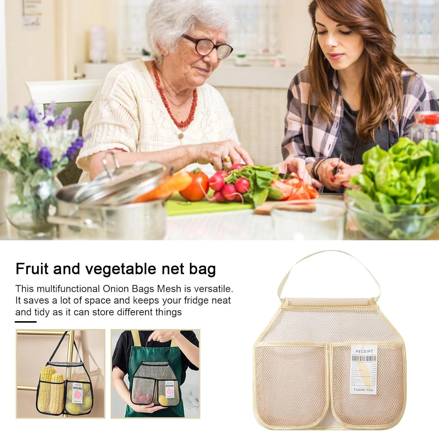 کیسه های توری آویز برای سبزیجات، دو محفظه برای نگهداری سیب زمینی | کیف های نگهداری توری برای سیر، سیب زمینی، پیاز یا کیسه زباله