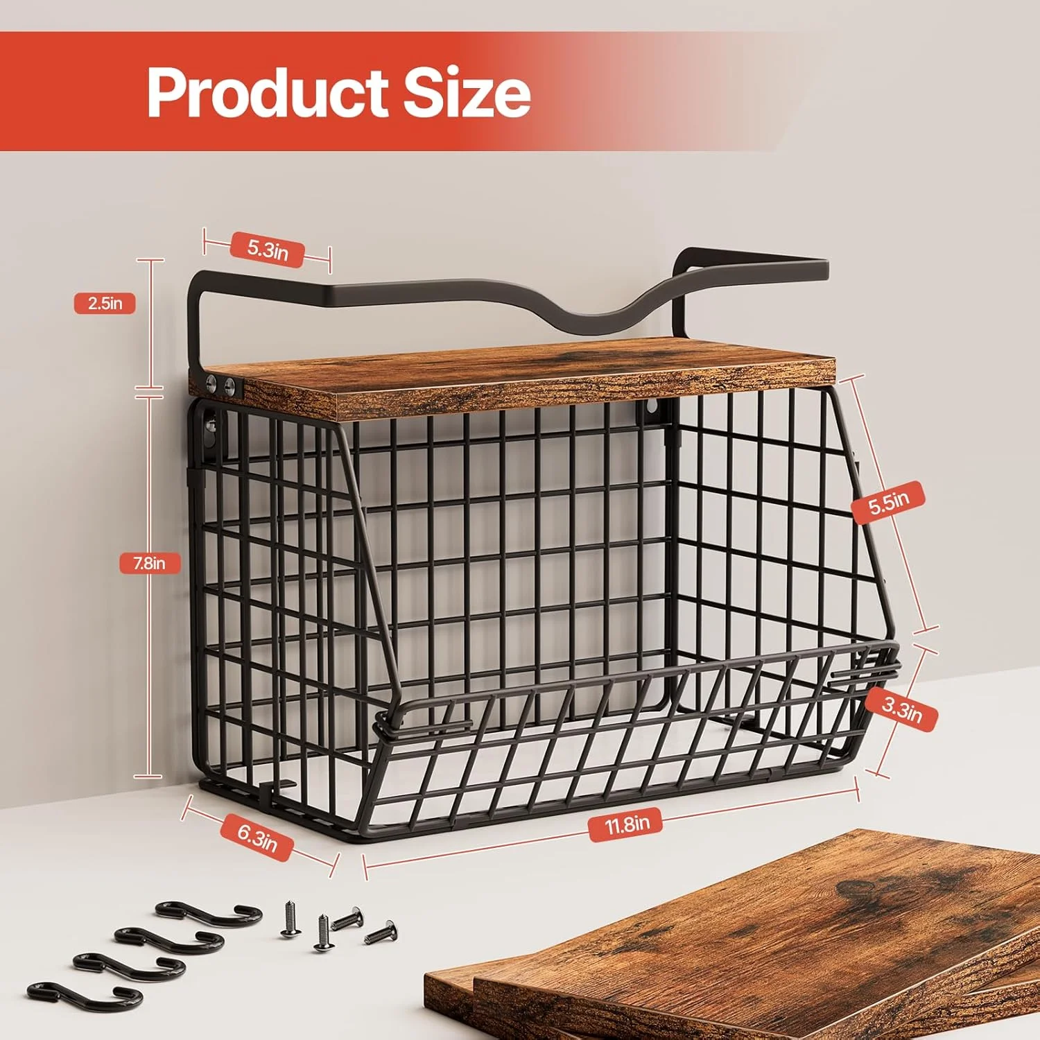 بسته 2 عددی سبد آویز آشپزخانه برای نگهداری پیاز و سیب زمینی، سبدهای سیمی قابل انباشت برای سازماندهی با درب چوبی، سبد میوه و سبزیجات برای روی کابینت آشپزخانه به همراه قلاب آویز موز