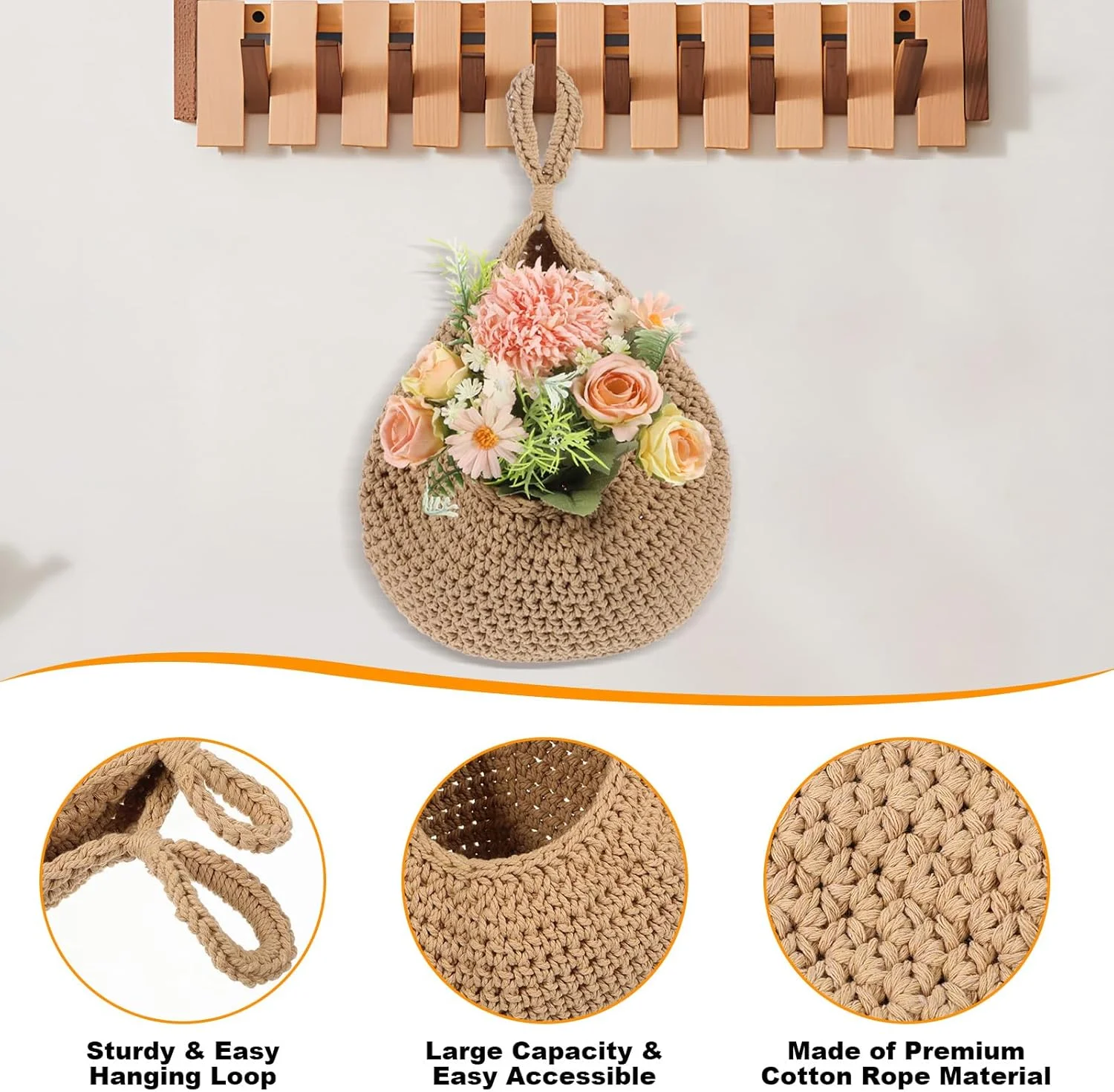 سبد آویز دیواری بوهو برای میوه آشپزخانه، بسته 3 عددی، نگهدارنده بافته شده محصولات با 6 عدد قلاب قوی، سبد آویز سبزیجات برای سازماندهی، قطره اشکی، مناسب برای نگهداری سیب زمینی و پیاز در خانه، جنس کتان