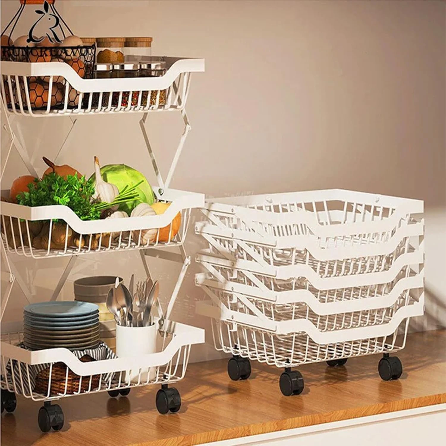 سبد میوه و سبزیجات حائنجا 3/4 طبقه، قفسه سیمی ذخیره سازی آشپزخانه، سبد فلزی تاشو چرخ دار، سازمان دهنده قابل انباشت، صرفه جویی در فضا برای آشپزخانه، انبار، اتاق نشیمن و حمام (سفید، 3 طبقه)