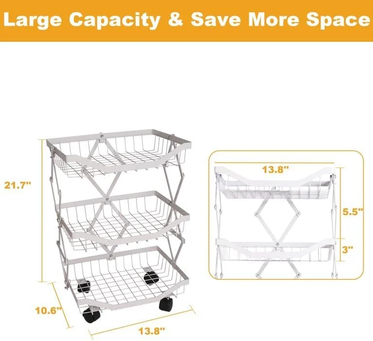 سبد میوه و سبزیجات حائنجا 3/4 طبقه، قفسه سیمی ذخیره سازی آشپزخانه، سبد فلزی تاشو چرخ دار، سازمان دهنده قابل انباشت، صرفه جویی در فضا برای آشپزخانه، انبار، اتاق نشیمن و حمام (سفید، 3 طبقه)