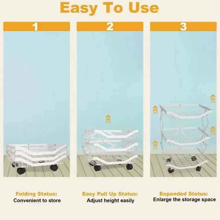 سبد میوه و سبزیجات حائنجا 3/4 طبقه، قفسه سیمی ذخیره سازی آشپزخانه، سبد فلزی تاشو چرخ دار، سازمان دهنده قابل انباشت، صرفه جویی در فضا برای آشپزخانه، انبار، اتاق نشیمن و حمام (سفید، 3 طبقه)