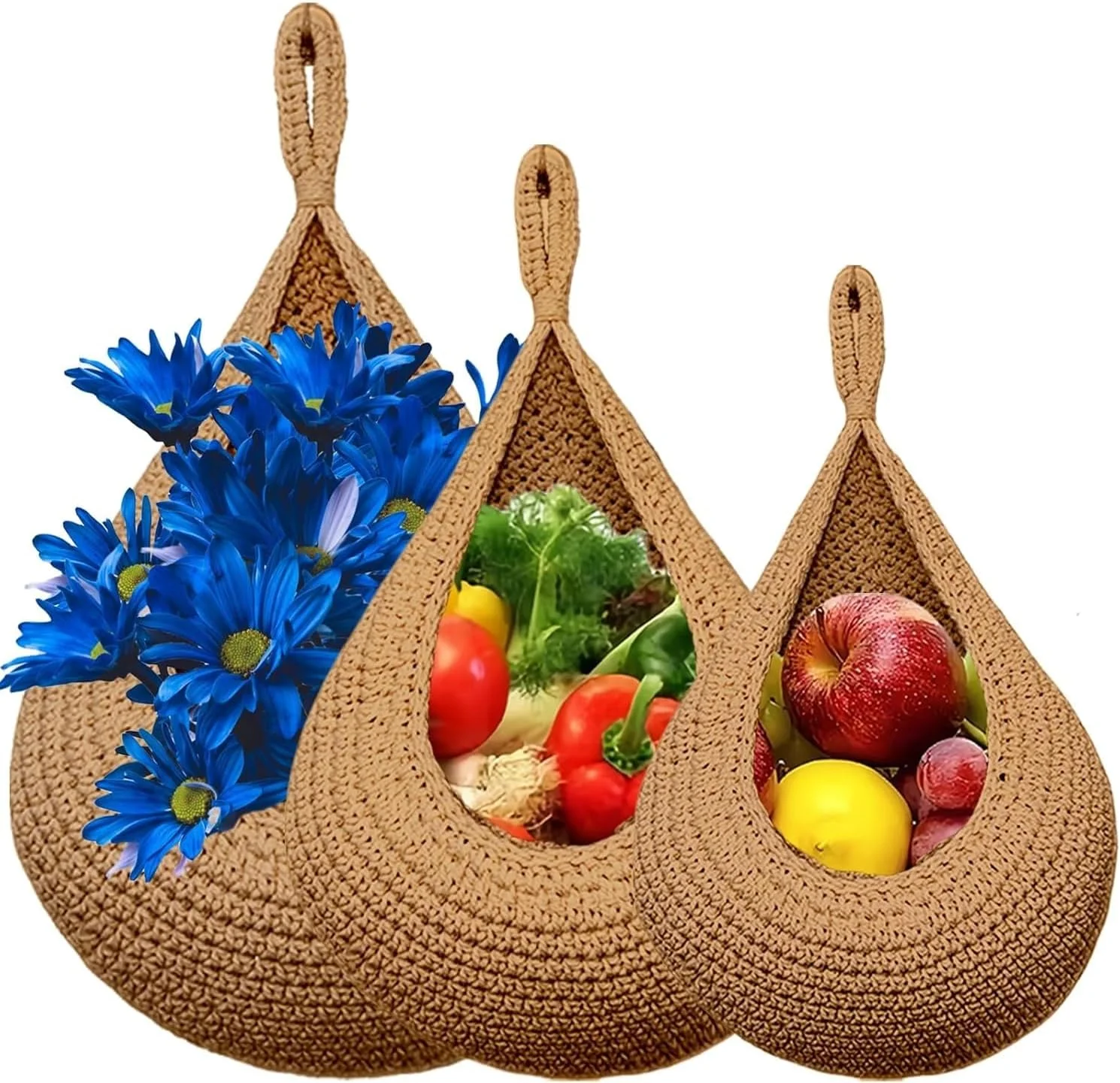 ست 3 عددی سبد میوه آویز بافته شده به سبک بوهو برای آشپزخانه، سبد آویز قطره اشکی به سبک بوهمی برای سازماندهی میوه، سبزیجات، سیب زمینی، پیاز، نگهداری وسایل حمام و پشت در