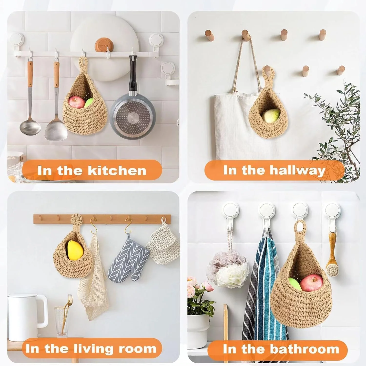 ست 3 عددی سبد میوه آویز بافته شده به سبک بوهو برای آشپزخانه، سبد آویز قطره اشکی به سبک بوهمی برای سازماندهی میوه، سبزیجات، سیب زمینی، پیاز، نگهداری وسایل حمام و پشت در