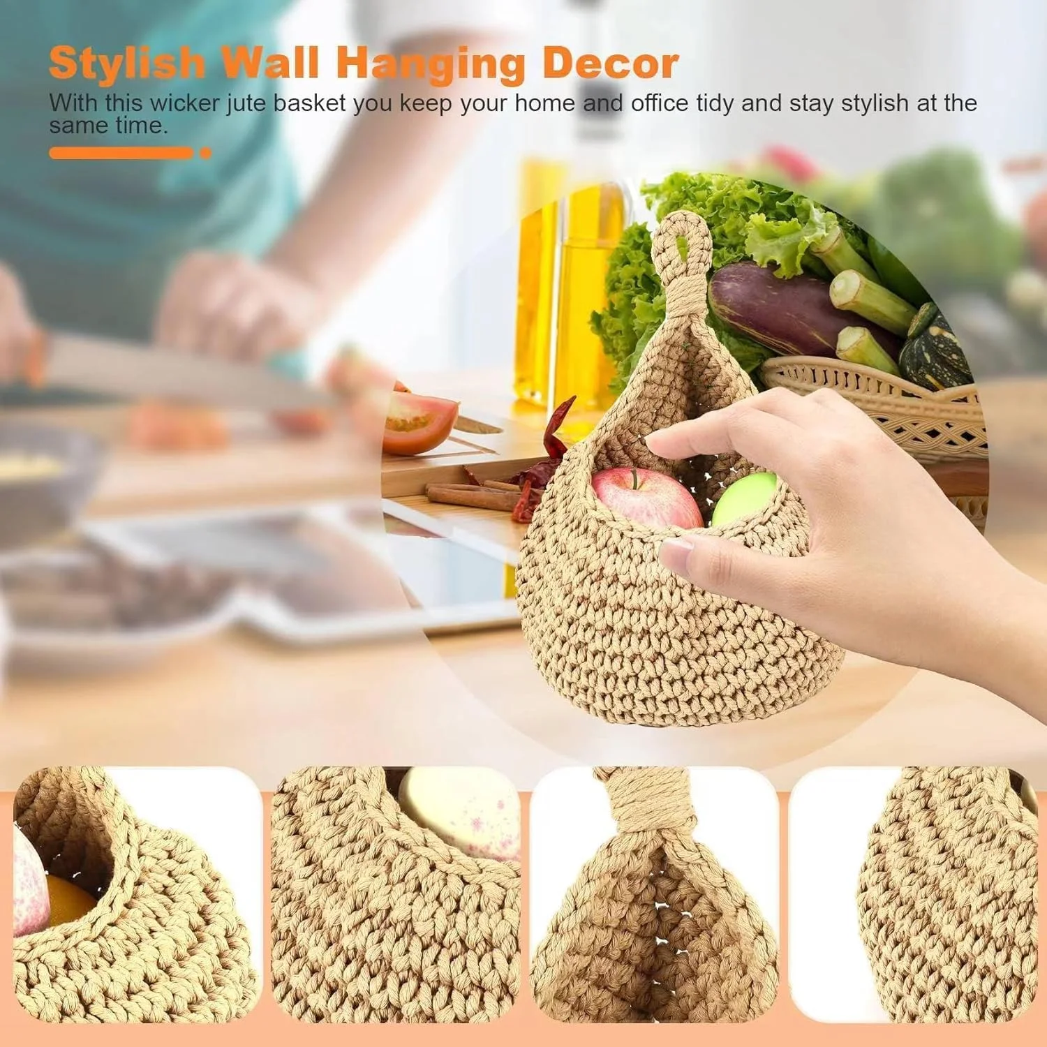 ست 3 عددی سبد میوه آویز بافته شده به سبک بوهو برای آشپزخانه، سبد آویز قطره اشکی به سبک بوهمی برای سازماندهی میوه، سبزیجات، سیب زمینی، پیاز، نگهداری وسایل حمام و پشت در