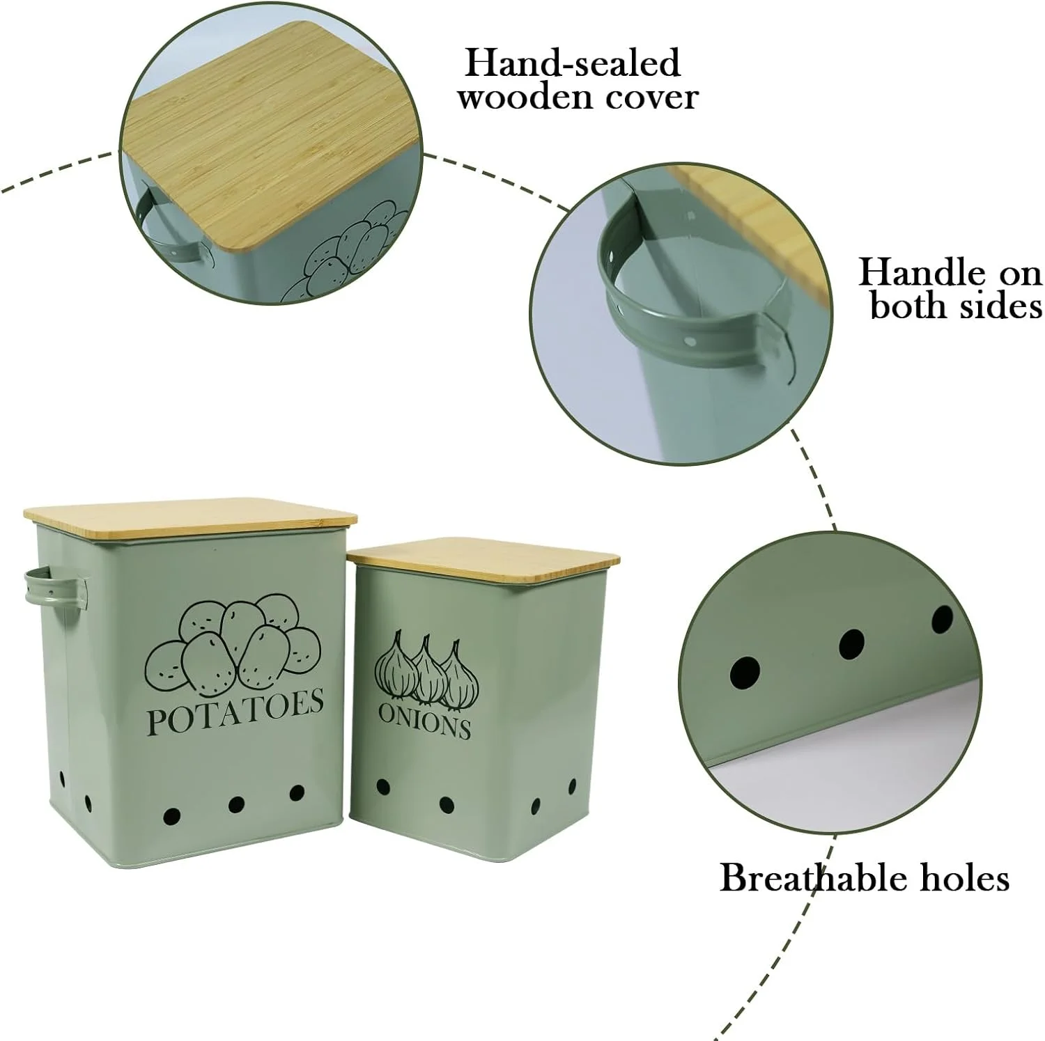 ست 2 عددی ظروف فلزی ذخیره سازی سبزیجات آشپزخانه Gdfjiy برای سیب زمینی و پیاز، دارای درب چوبی و ظرف سیر، افزایش ماندگاری - سبز مایل به خاکستری