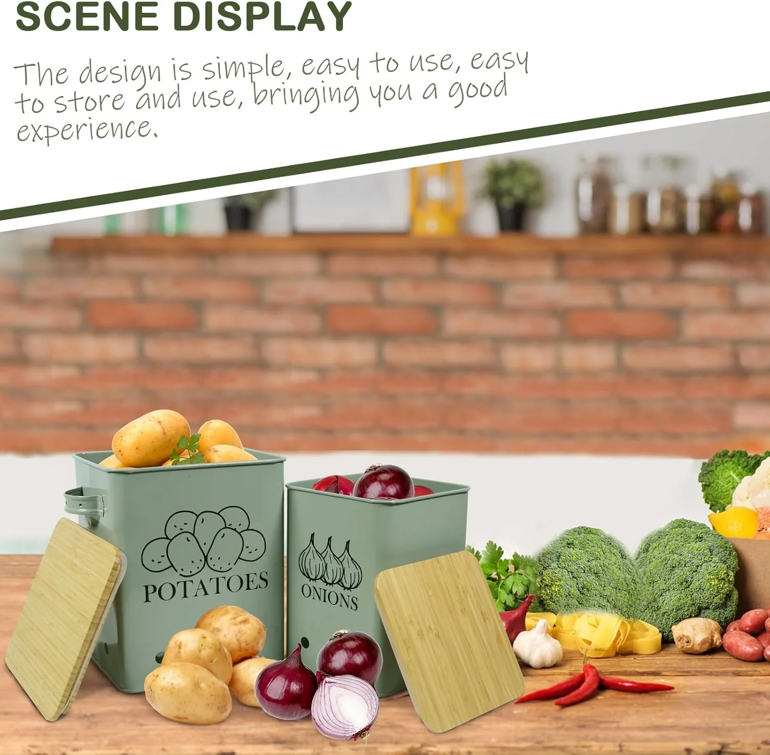 ست 2 عددی ظروف فلزی ذخیره سازی سبزیجات آشپزخانه Gdfjiy برای سیب زمینی و پیاز، دارای درب چوبی و ظرف سیر، افزایش ماندگاری - سبز مایل به خاکستری