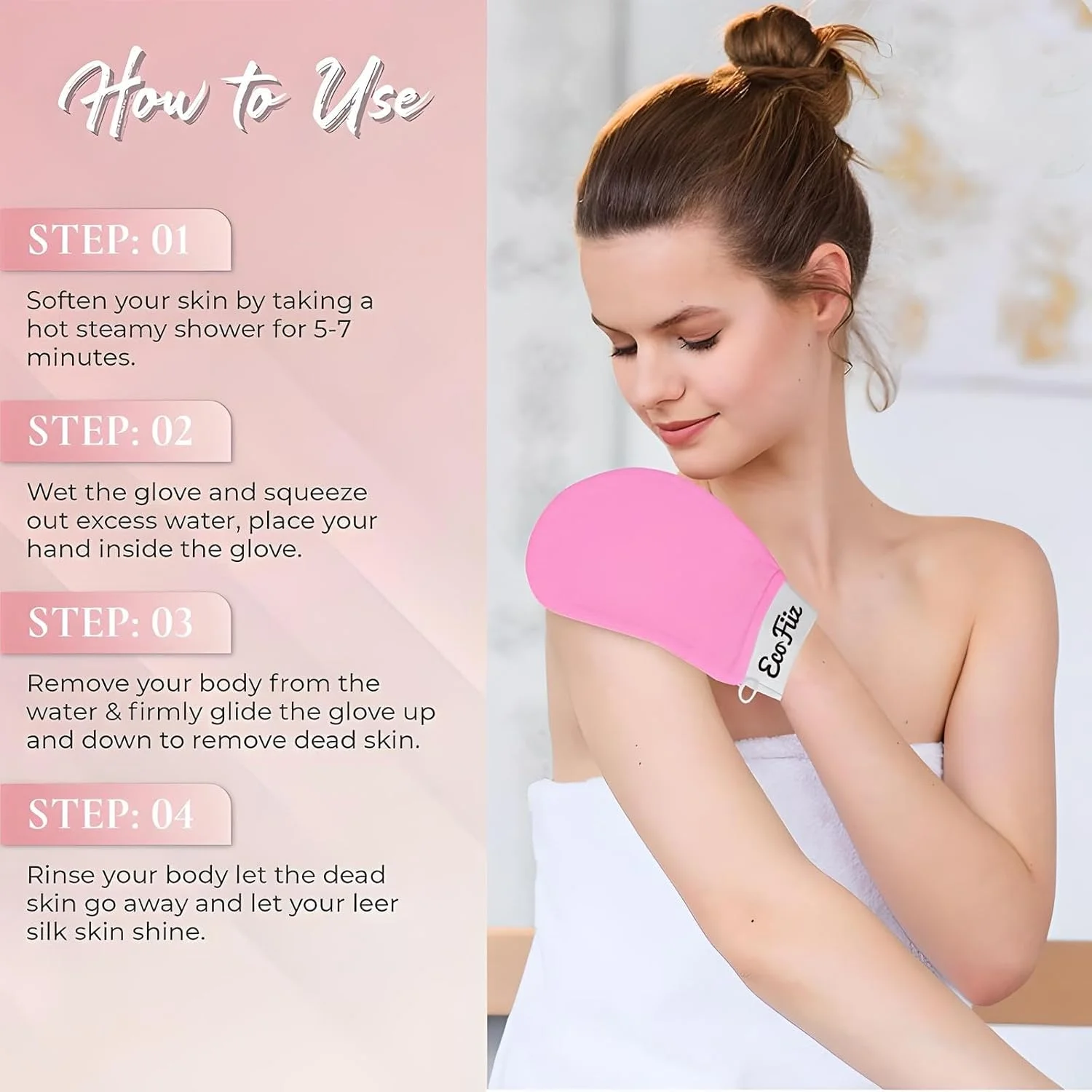 دستکش لایه بردار کره ای EcoFiiz - دستکش لوفا اسکراب عمیق بدن برای از بین بردن پوست مرده، حمام و حمام مغربی - دستکش اسپا مراکشی Kessa برای مردان و زنان "صورتی"