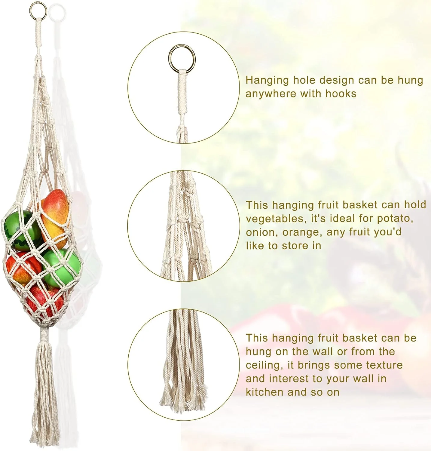 سبد میوه آویز گایسریلی، 2 عدد سبد آویز مکرومه برای نگهداری تنفسی میوه و سبزیجات، مناسب برای نگهداری سیب زمینی، پیاز و میوه، دکوراسیون بوهمی برای آشپزخانه