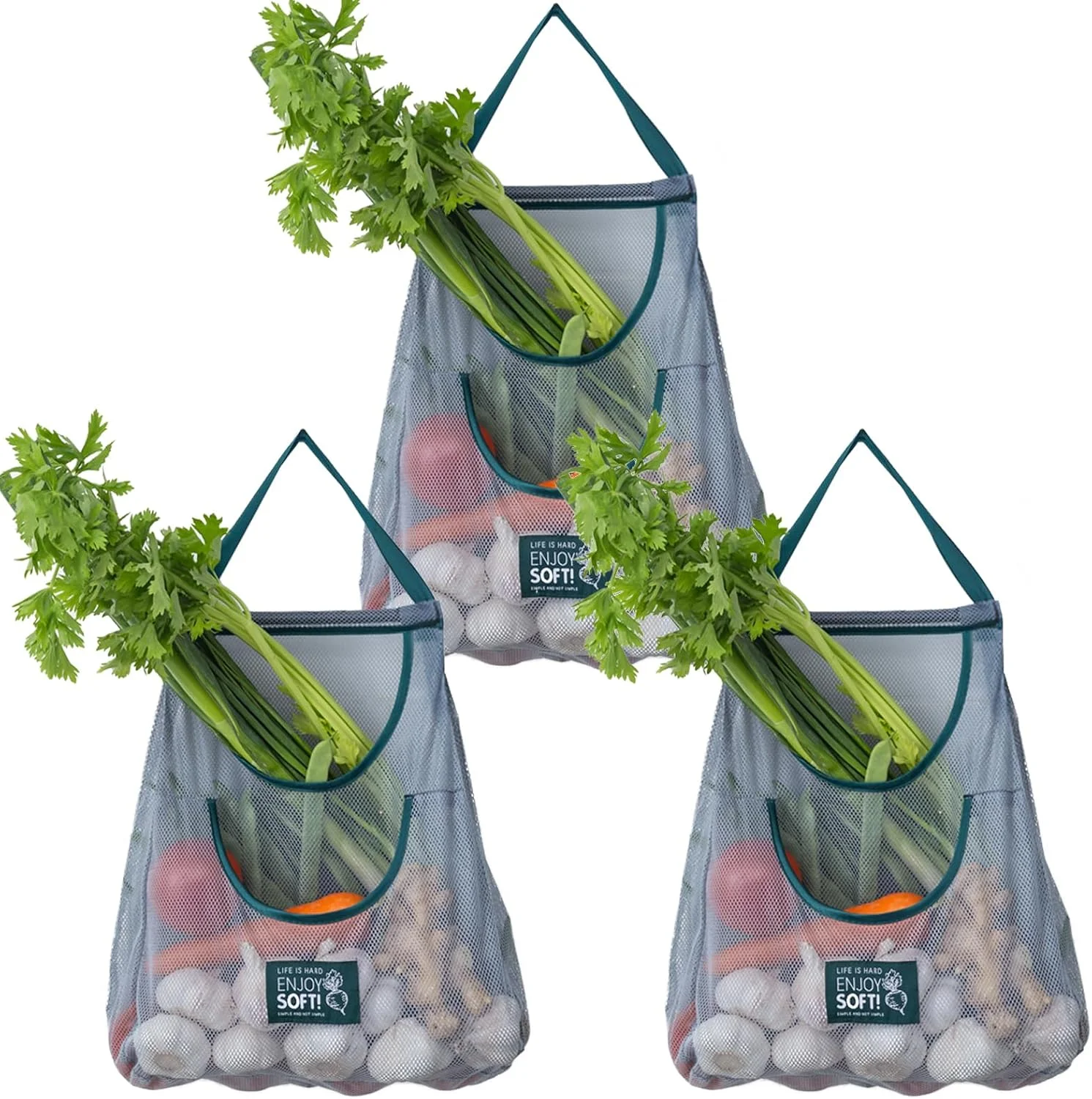 Fymlhomi 3pcs Hanging Mesh Storage Bags Reusable Produce Bags Dual Pocket Net Bag for Kitchen Fruit Vegetable Garlic Onion Potatoes Tomatoes Storage Bags