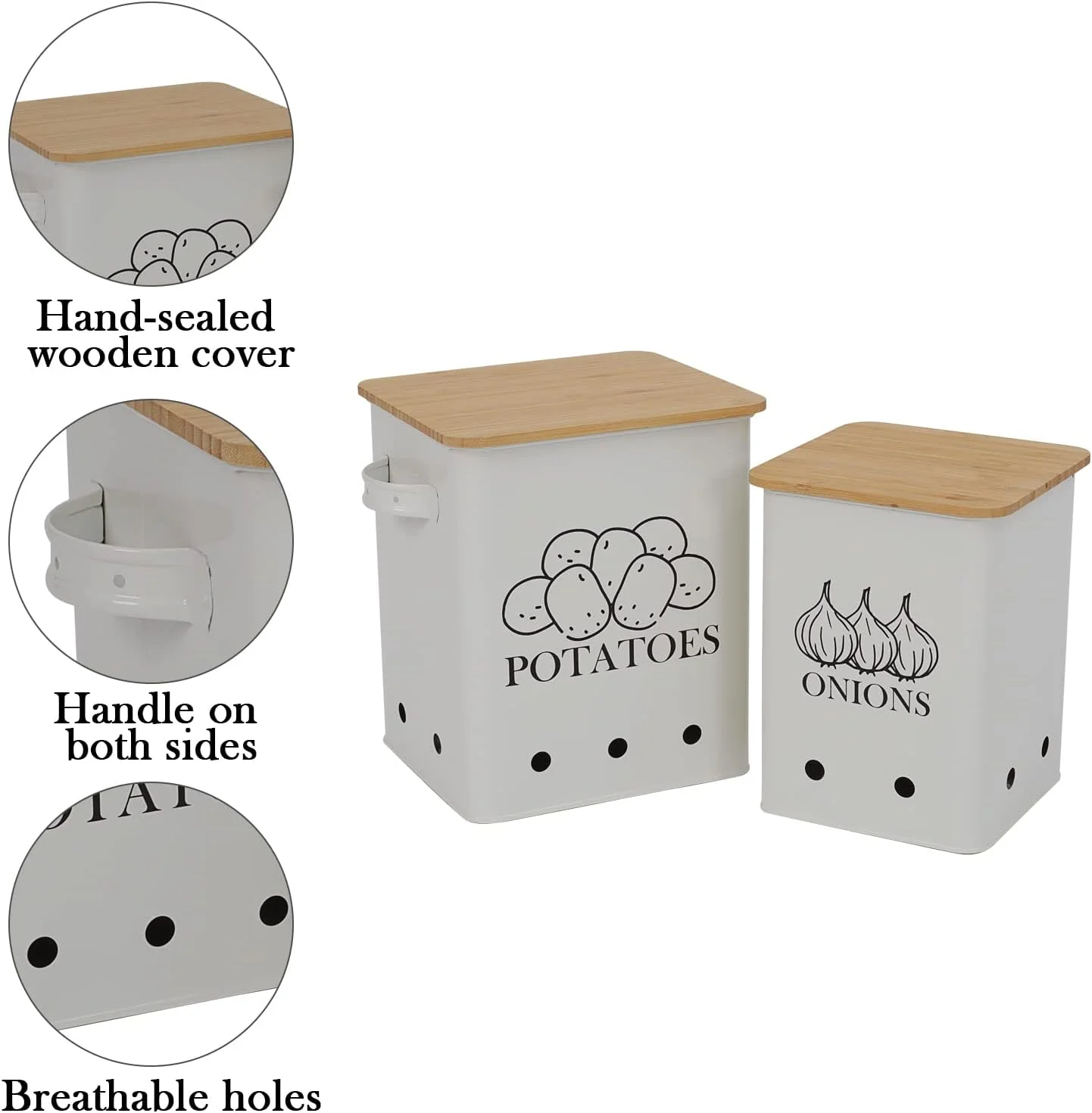 ست 2 عددی ظروف فلزی ذخیره سازی سبزیجات Gdfjiy برای سیب زمینی و پیاز، با درب چوبی و ظرف سیر، افزایش ماندگاری - سفید کرمی ست 2 عددی ظروف فلزی ذخیره سازی سبزیجات Gdfjiy برای سیب زمینی و پیاز، با درب چوبی و ظرف سیر، افزایش ماندگاری - سفید کرمی