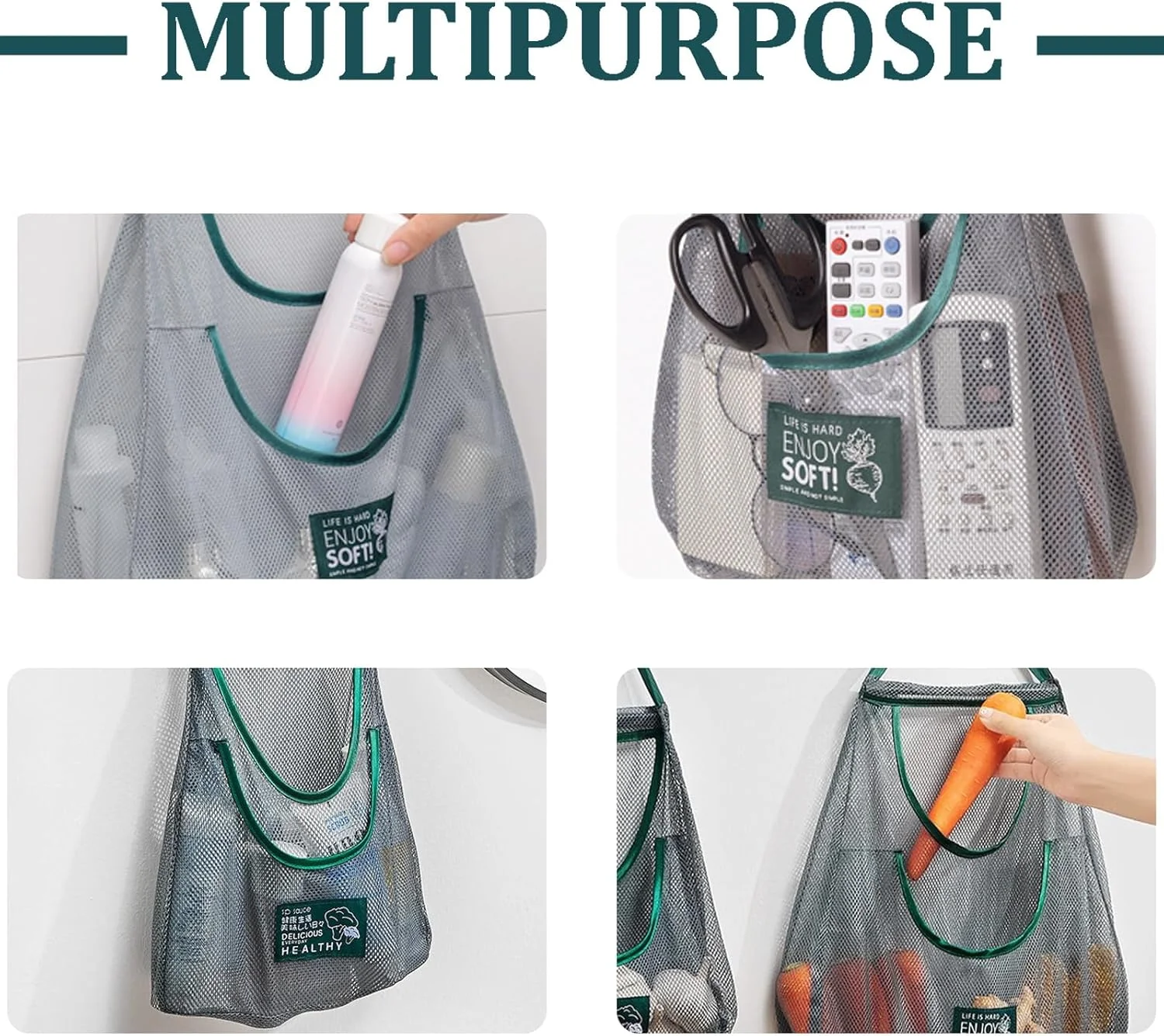 Fymlhomi 3pcs Hanging Mesh Storage Bags Reusable Produce Bags Dual Pocket Net Bag for Kitchen Fruit Vegetable Garlic Onion Potatoes Tomatoes Storage Bags