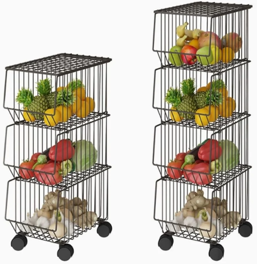 سبد میوه و سبزیجات 4 طبقه برای آشپزخانه، سبد ذخیره سازی، قفسه ذخیره سازی آشپزخانه با چرخ برای میوه، سبزیجات، ذرت، سیب زمینی، پیاز (4 طبقه، مشکی)