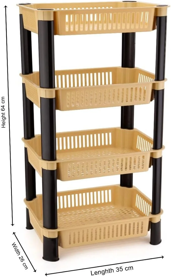 قفسه سبزیجات پلاستیکی FRIEDERICH برای سازماندهی و نگهداری سبزیجات در آشپزخانه، استند سبزیجات با سبد، قفسه نگهداری (3 طبقه، کرم) (4 طبقه)