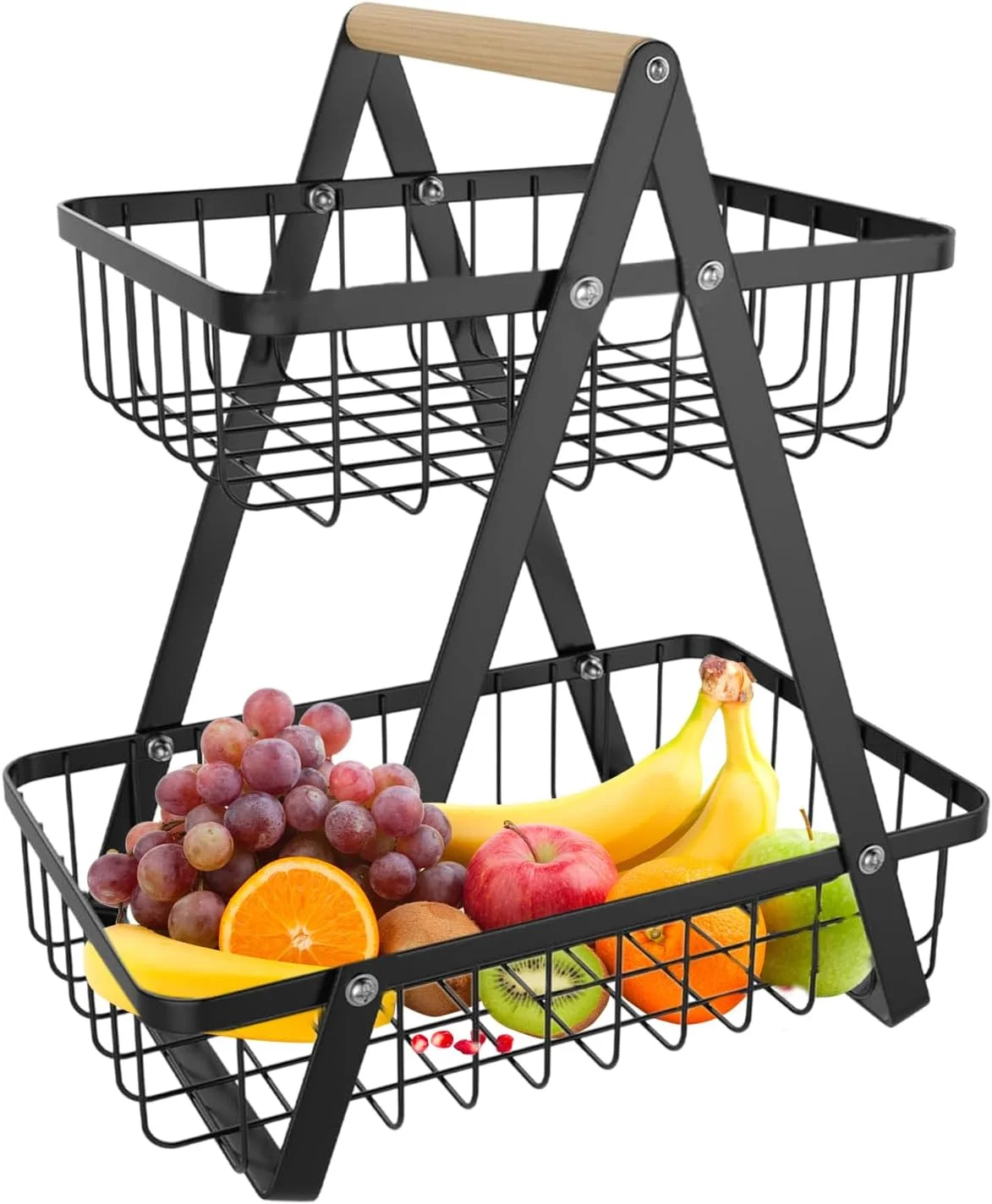 استند سبد میوه، سبد سبزیجات 2 طبقه - سازمان دهنده ذخیره سازی فلزی با ظرفیت بزرگ، نگهدارنده تنقلات لوازم جانبی آشپزخانه برای نان، سبزیجات، پیاز، سیب زمینی