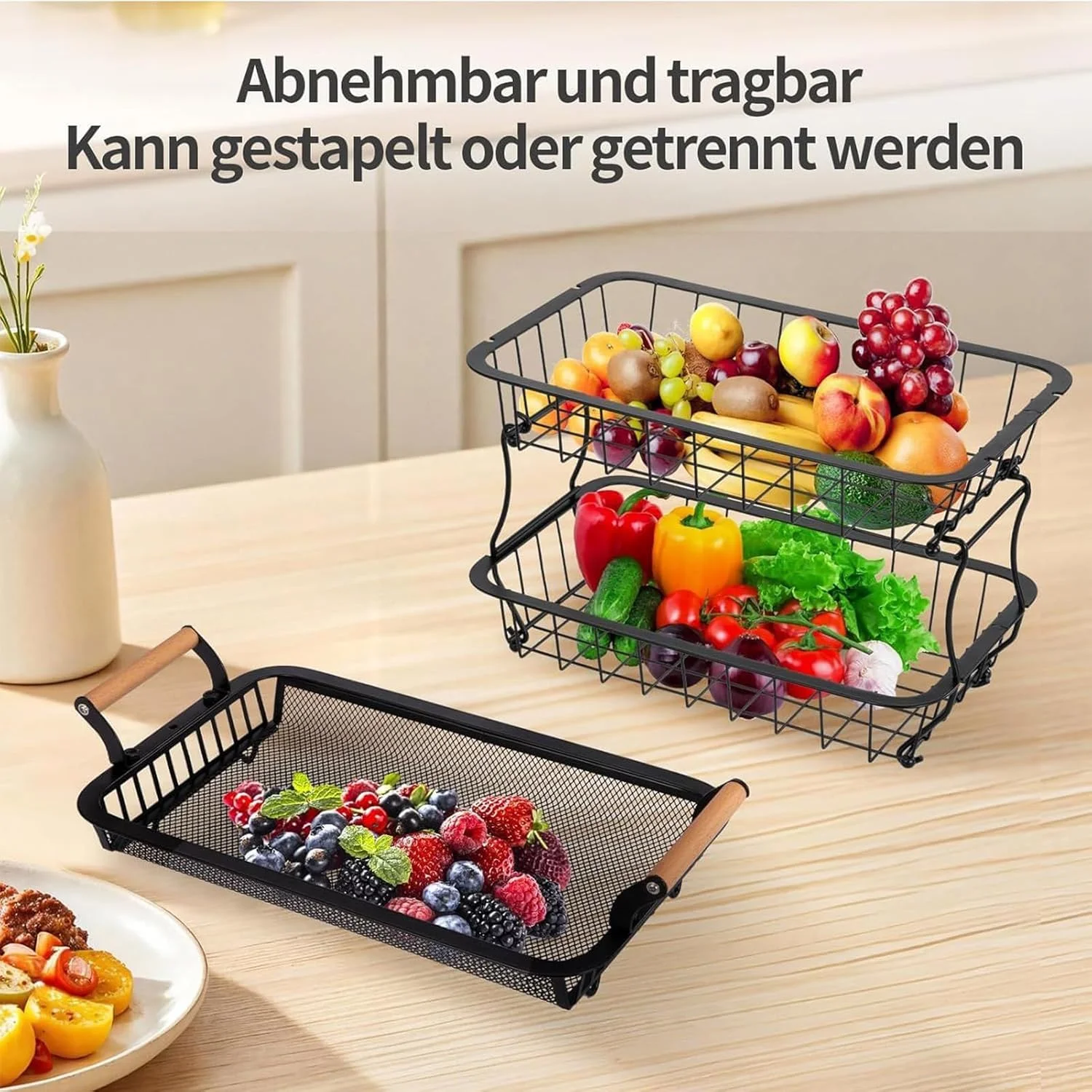 سبد میوه 3 طبقه برای پیشخوان آشپزخانه | سازماندهی و نگهداری با آویزهای موز برای سیب زمینی، پیاز، سبزیجات، نان، محصولات، انبار، خانه، آپارتمان