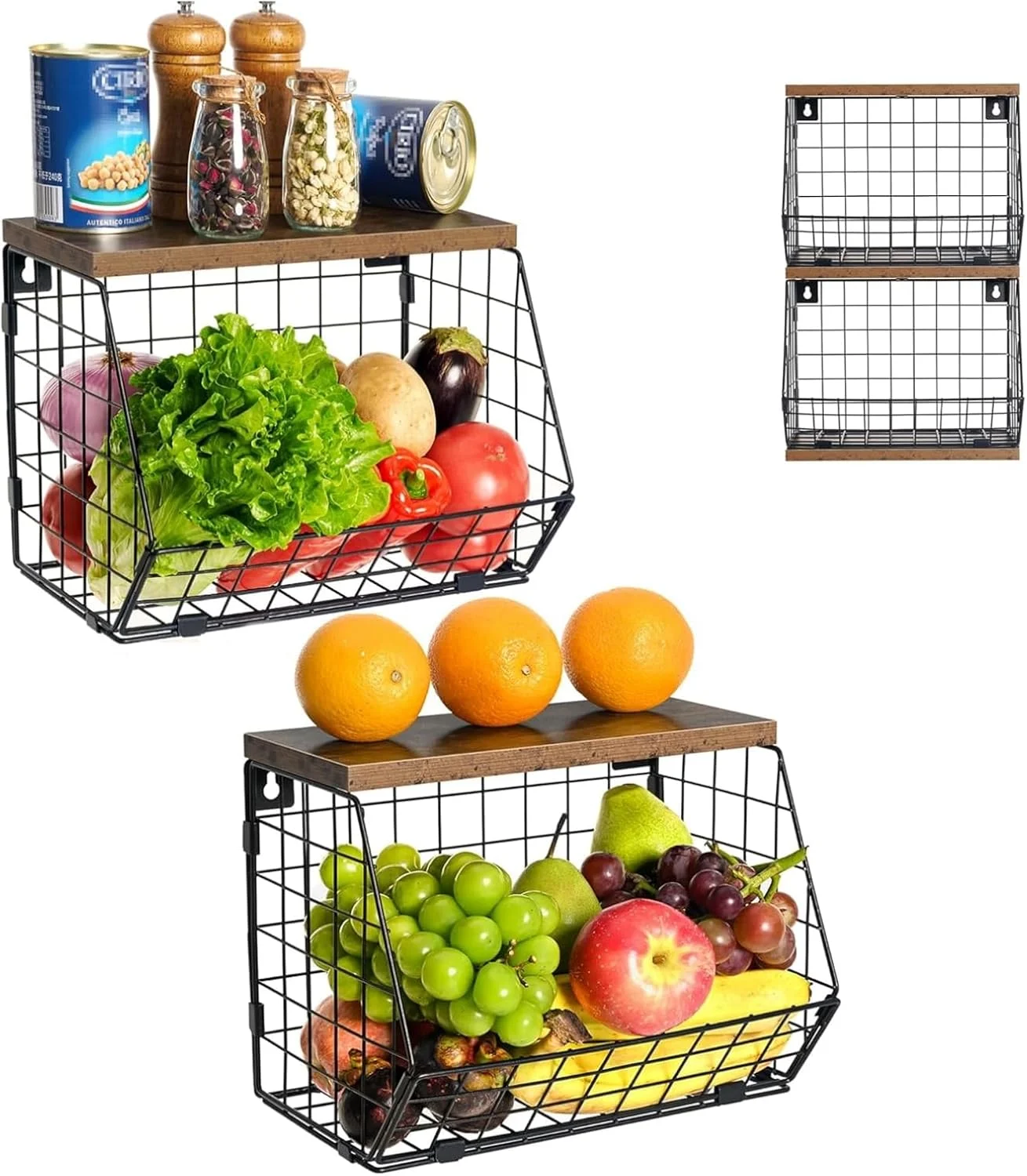 سبد آویز آشپزخانه Fohome، سبد سیمی با درب چوبی، بسته 2 عددی، سازمان دهنده رومیزی آشپزخانه قابل انباشت، سبد نگهداری میوه، پیاز و سیب زمینی، سبد نگهداری محصولات دیواری (آویز)