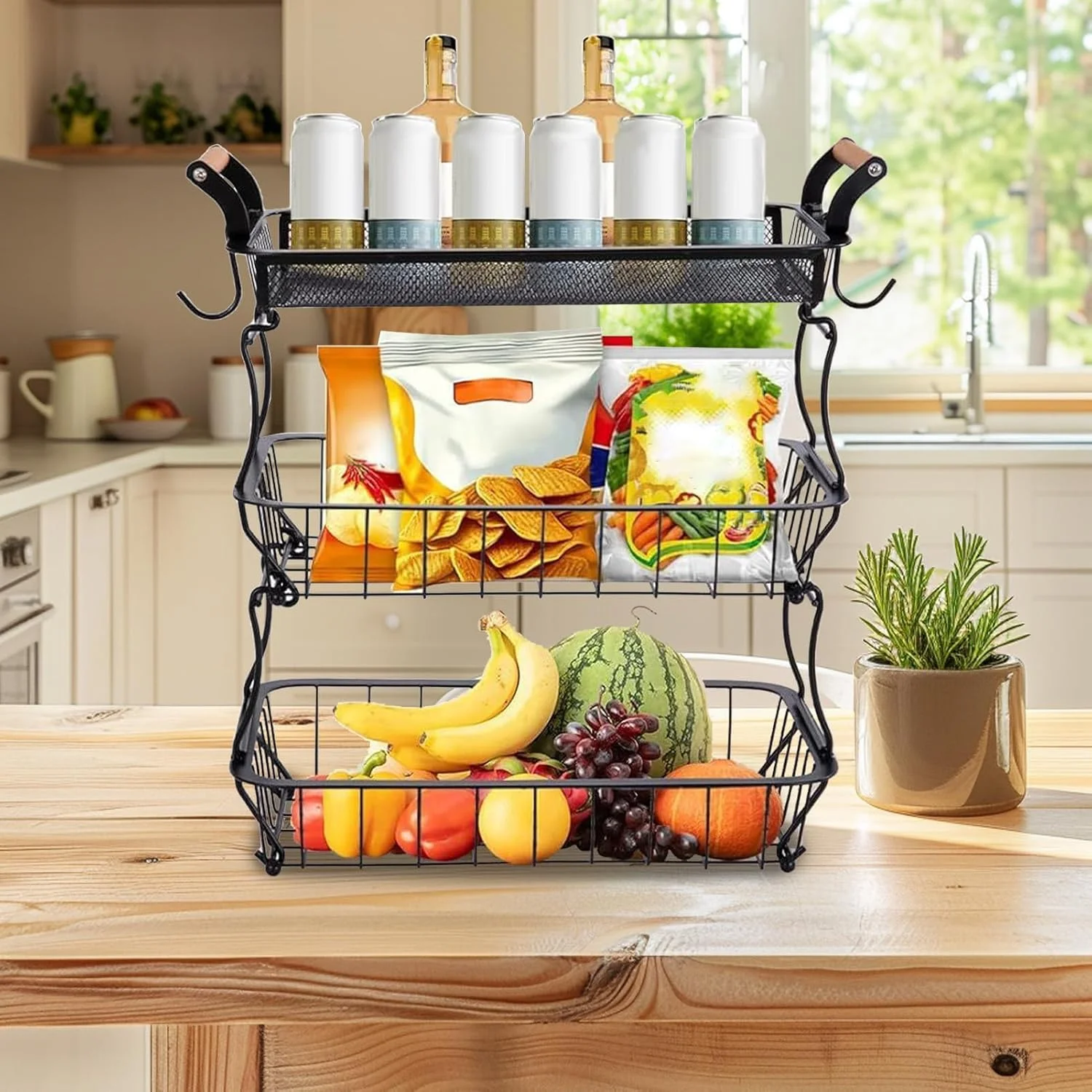 سبد میوه 3 طبقه برای پیشخوان آشپزخانه | سازماندهی و نگهداری با آویزهای موز برای سیب زمینی، پیاز، سبزیجات، نان، محصولات، انبار، خانه، آپارتمان