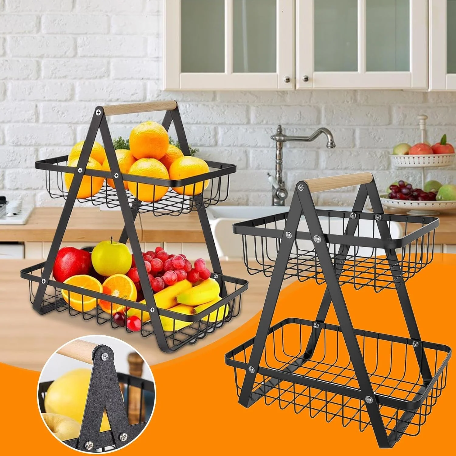 استند سبد میوه، سبد سبزیجات 2 طبقه - سازمان دهنده ذخیره سازی فلزی با ظرفیت بزرگ، نگهدارنده تنقلات لوازم جانبی آشپزخانه برای نان، سبزیجات، پیاز، سیب زمینی