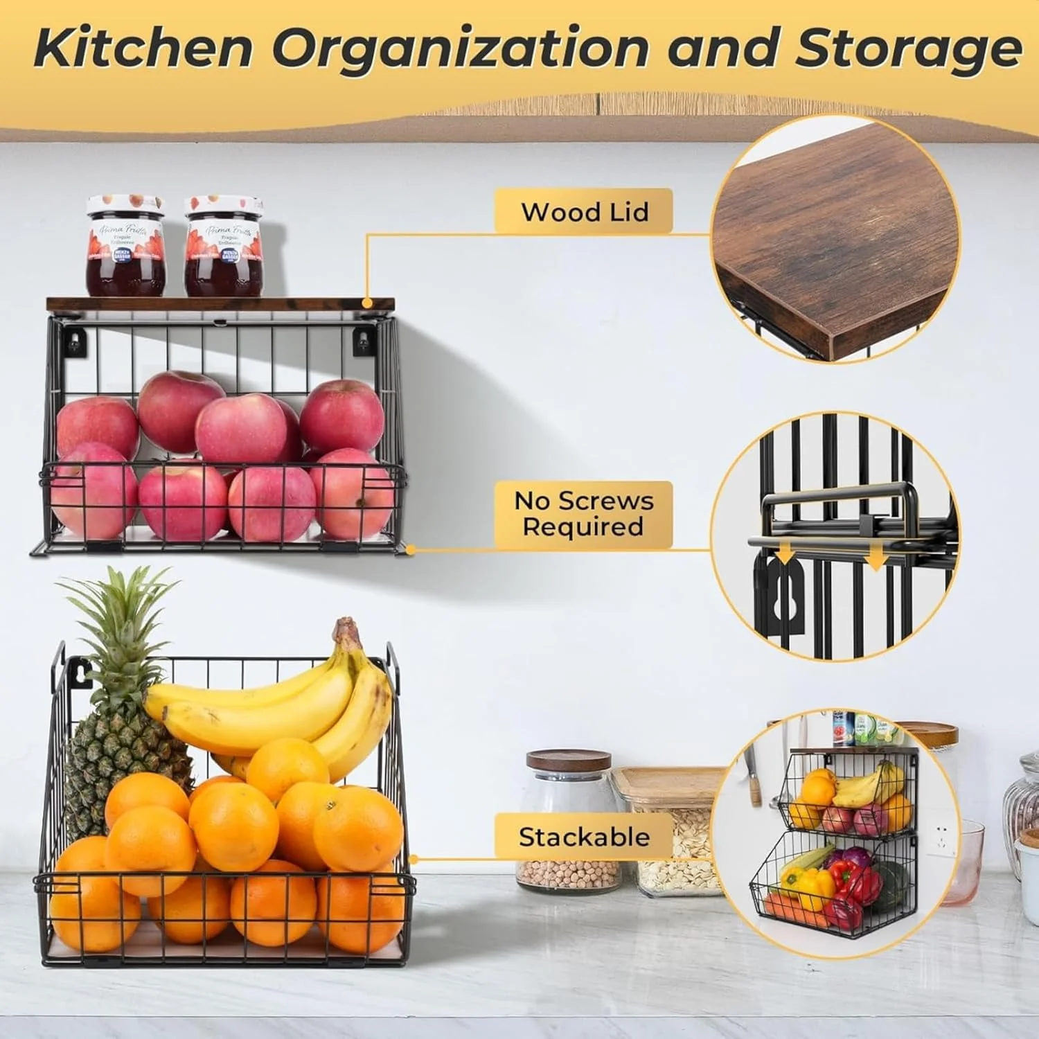 سبد آویز آشپزخانه Fohome، سبد سیمی با درب چوبی، بسته 2 عددی، سازمان دهنده رومیزی آشپزخانه قابل انباشت، سبد نگهداری میوه، پیاز و سیب زمینی، سبد نگهداری محصولات دیواری (آویز) سبد آویز آشپزخانه Fohome، سبد سیمی با درب چوبی، بسته 2 عددی، سازمان دهنده رومیزی آشپزخانه قابل انباشت، سبد نگهداری میوه، پیاز و سیب زمینی، سبد نگهداری محصولات دیواری (آویز)