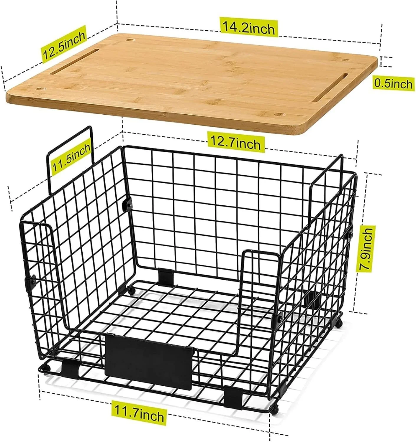 ست 2 عددی سبد رومیزی آشپزخانه Fohome، سازمان دهنده و محل نگهداری مواد غذایی با درب بامبو، جعبه نگهداری میوه و سبزیجات، سبد سیمی انباشته برای پیاز و تنقلات