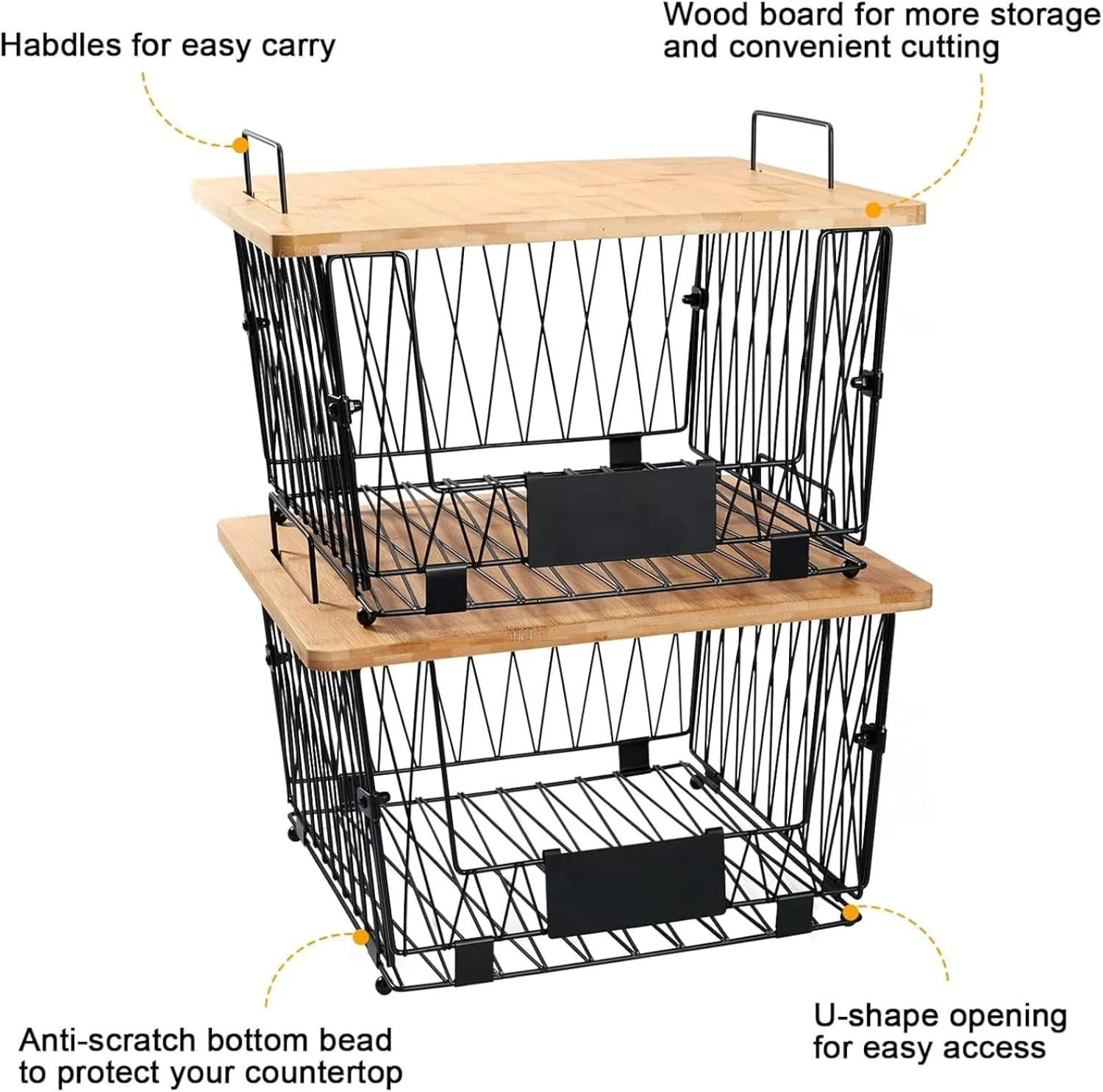 ست 2 عددی سبد رومیزی آشپزخانه Fohome، سازمان دهنده و محل نگهداری مواد غذایی با درب بامبو، جعبه نگهداری میوه و سبزیجات، سبد سیمی انباشته برای پیاز و تنقلات