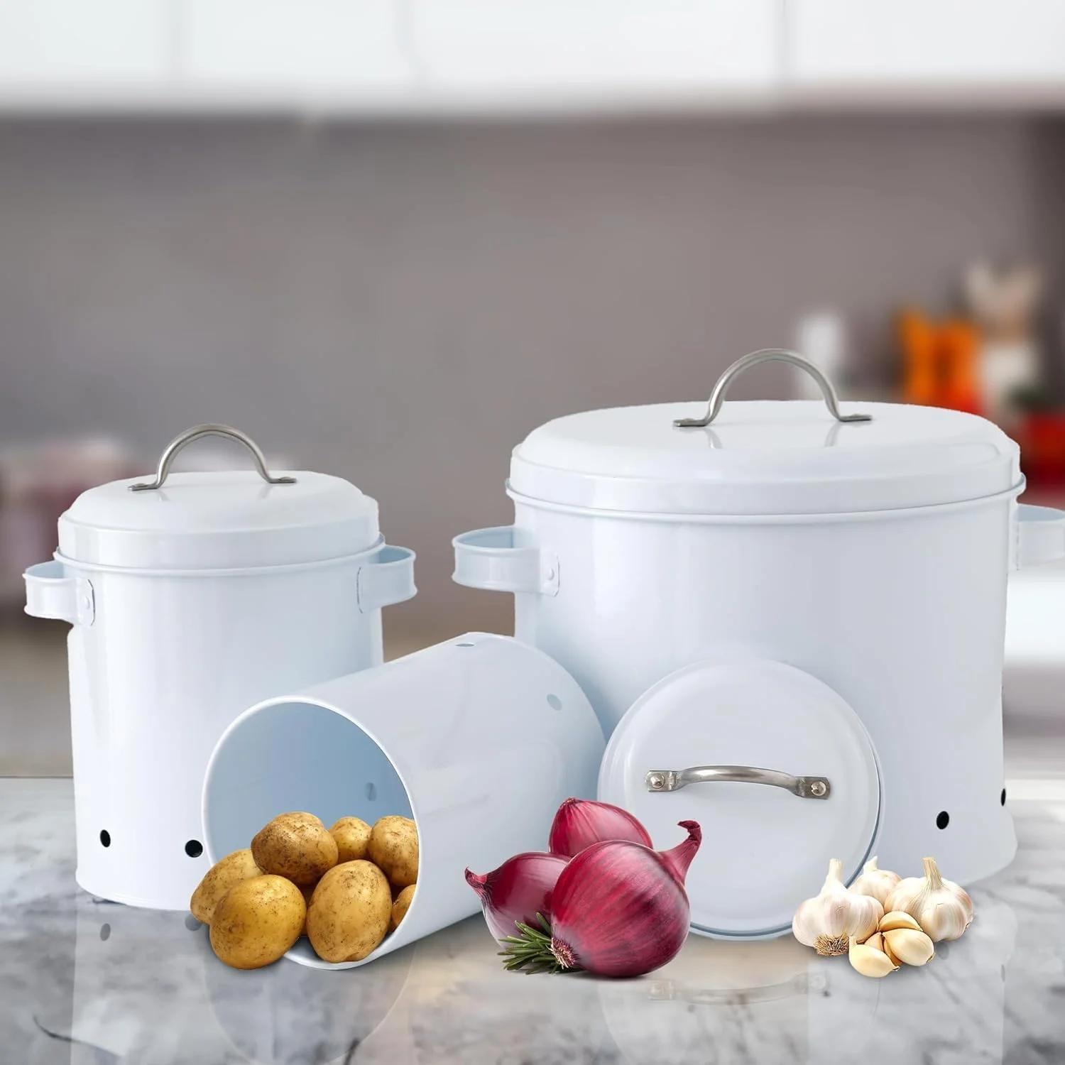 ظروف نگهداری پیاز، سیب زمینی و سیر Ekhasa برای آشپزخانه با درب (9.8 لیتر، 3.4 لیتر، 1.8 لیتر مجموعه 3 عددی) مجموعه ظروف نگهداری مواد غذایی جعبه های ذخیره سازی سازمان دهنده برای سبزیجات آشپزخانه، سفید