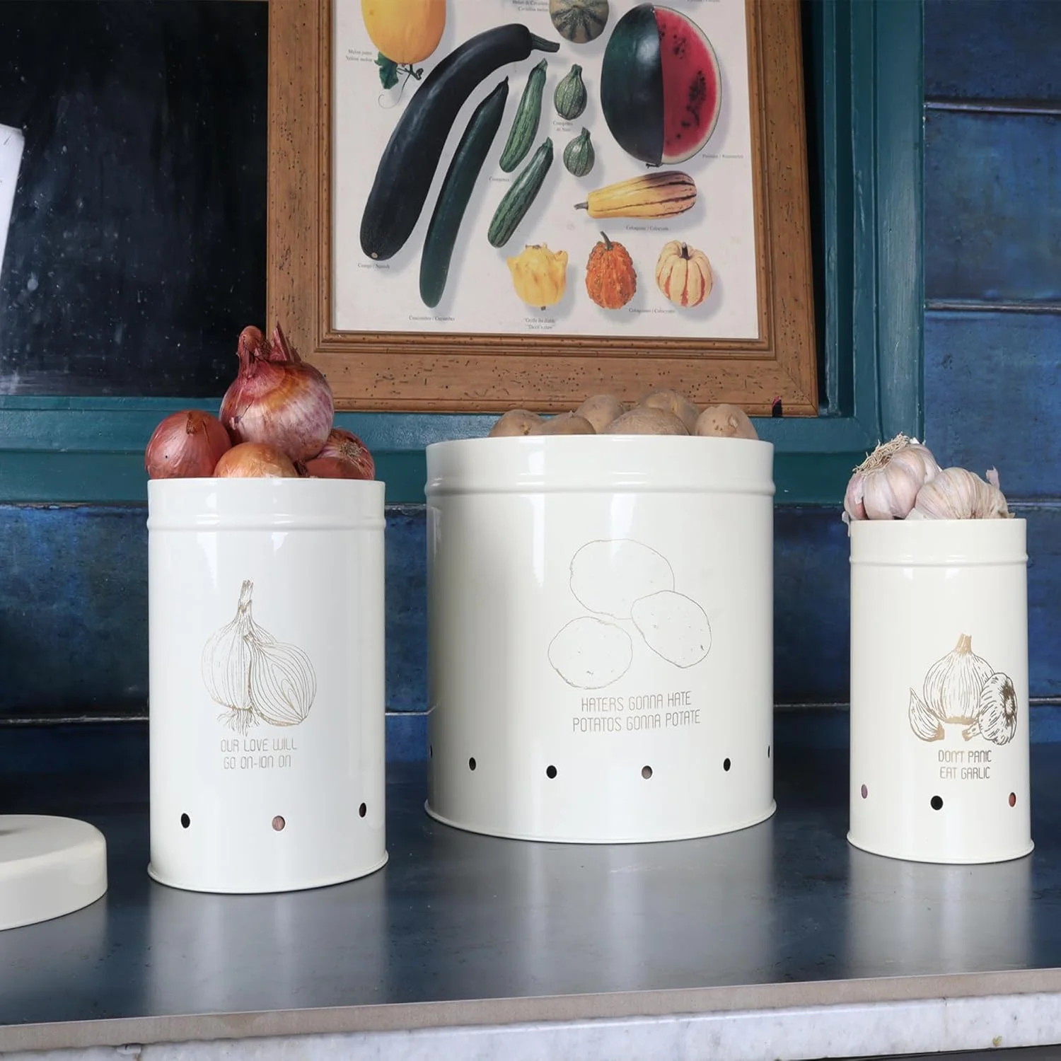 ظروف استیل نگهداری سیب زمینی، پیاز و سیر Elan Country (ست 3 عددی) (سفید مایل به کرم)