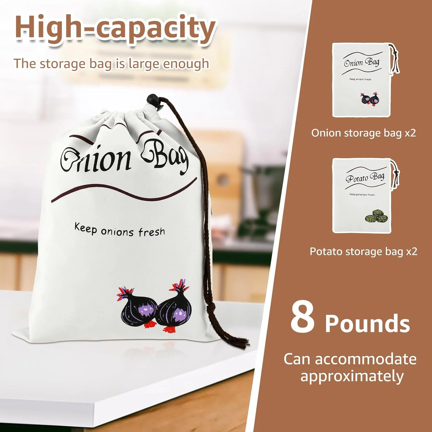 ست 4 عددی کیسه سیب زمینی و پیاز، کیسه های نگهداری سیب زمینی و پیاز با بند کشی، ظرفیت 3.6 کیلوگرم پیاز، کیسه های نگهداری سبزیجات پنبه ای قابل شستشو و بدون جوانه زدن سیب زمینی و پیاز با زیپ جانبی، کیسه نگهداری پیاز قابل استفاده مجدد