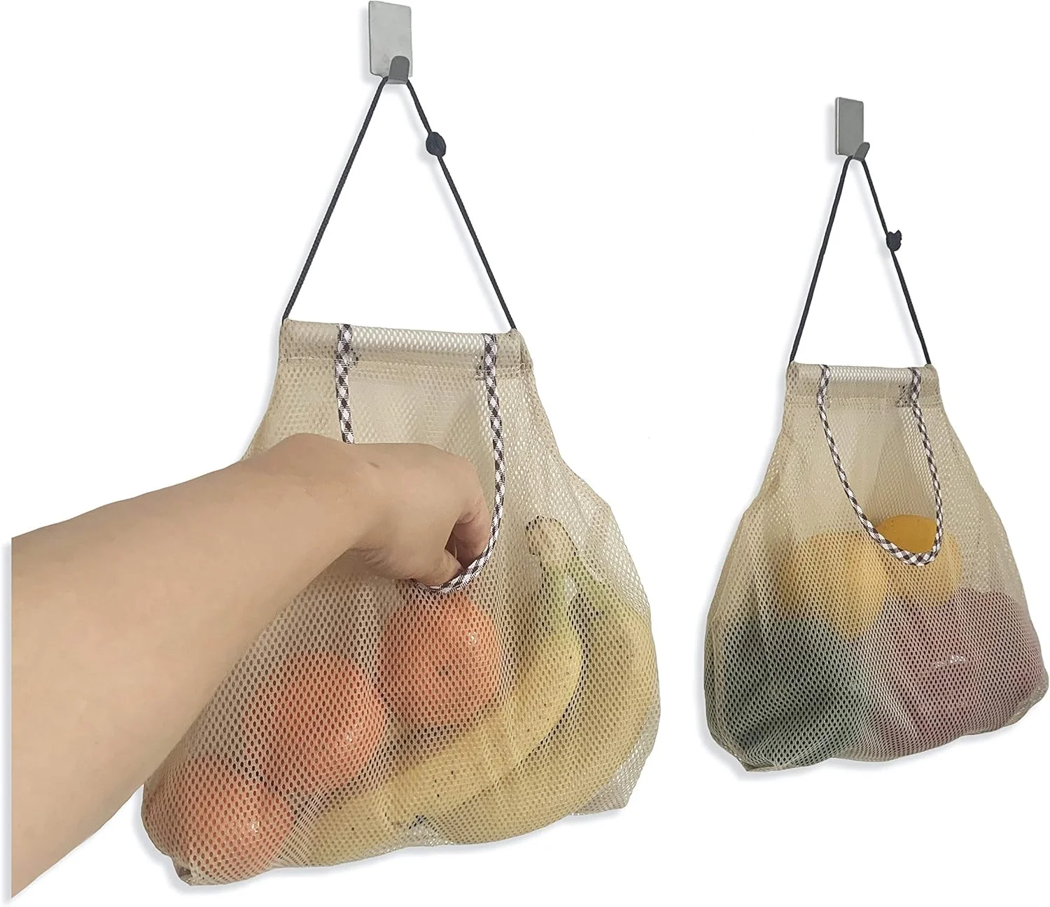 اکو واندر بسته 2 عددی کیسه توری آویز - کیسه های بادوام سبد میوه و سبزیجات - کیسه های توری ذخیره سازی قابل استفاده مجدد برای سیر، سیب زمینی، پیاز