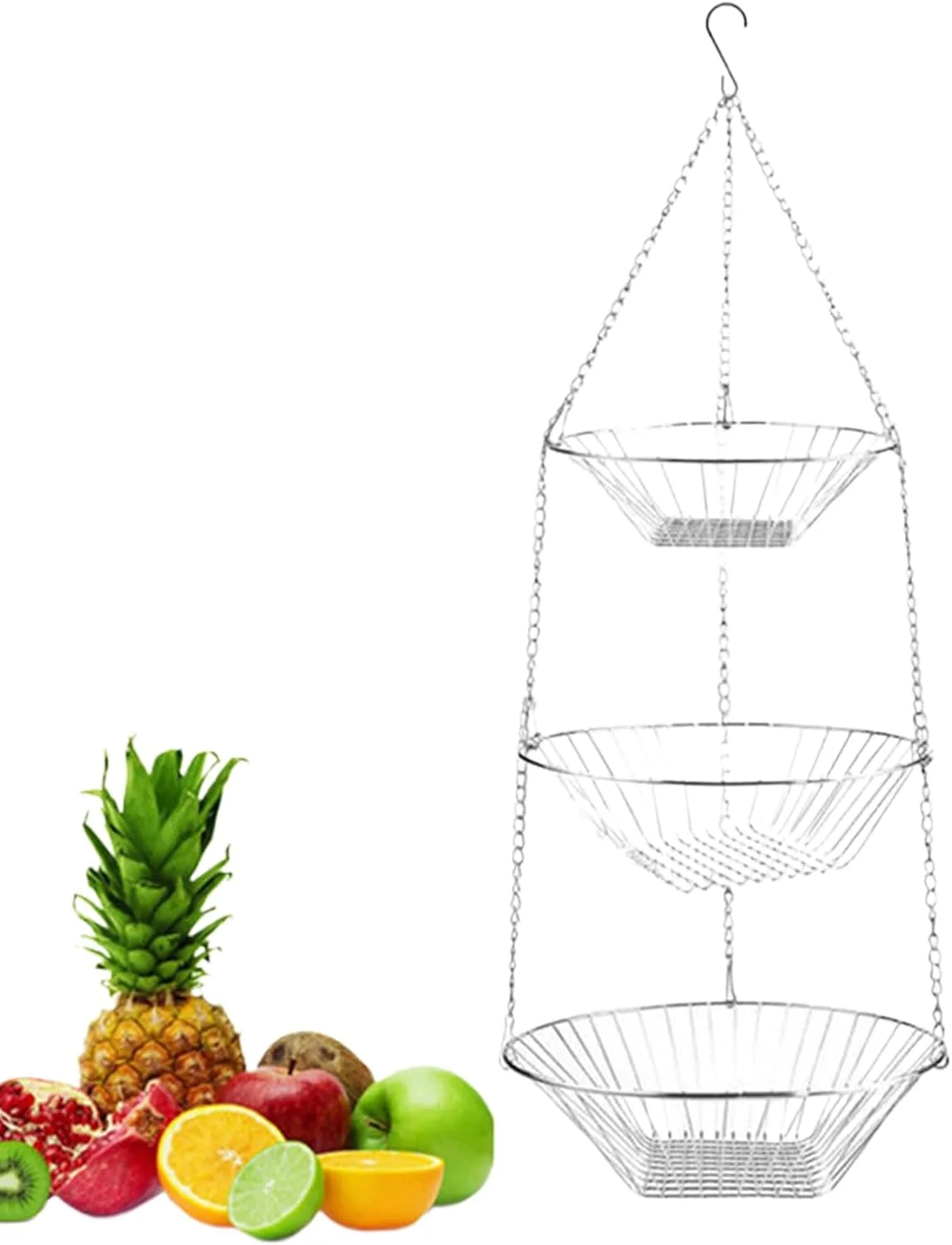 سبد میوه، قفسه سیمی 3 طبقه برای صرفه جویی در فضا، سبد میوه آشپزخانه، سازمان دهنده سبزیجات، برای مواد غذایی، تنقلات، نان، سیب زمینی، پیاز، ابزار باغبانی، سازماندهی انباری حیاط باغ حمام