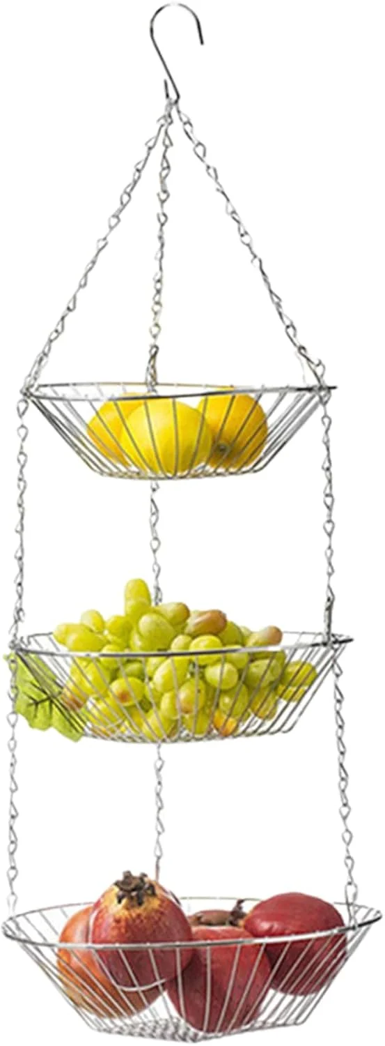 سبد میوه برای آشپزخانه | قفسه سیمی صرفه جویی در فضا با 3 طبقه، سبد میوه آشپزخانه و سازمان دهنده سبزیجات | برای نگهداری مواد غذایی، تنقلات، نان، سیب زمینی، پیاز، ابزار باغبانی، لوازم حمام، باغ، حیاط و سازماندهی انبار