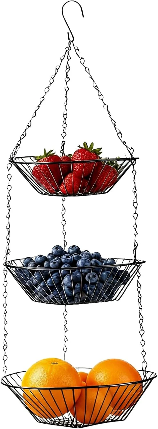 سبد میوه و سبزیجات - قفسه نگهدارنده سیمی 3 طبقه، سبد نظم دهنده میوه آشپزخانه، برای مواد غذایی، تنقلات، نان، سیب زمینی، پیاز، ابزار باغبانی، لوازم حمام، باغ، حیاط، سازماندهی انبار