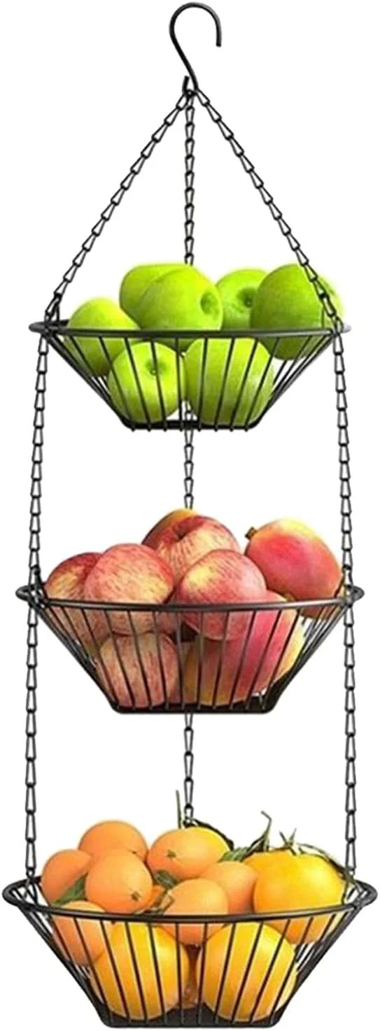 سبد میوه | نگهدارنده 3 طبقه فلزی، سبد نظم دهنده میوه و سبزیجات آشپزخانه - برای نگهداری مواد غذایی، تنقلات، نان، سیب زمینی، پیاز، ابزار باغبانی، سازماندهی انباری، حمام، باغ و حیاط
