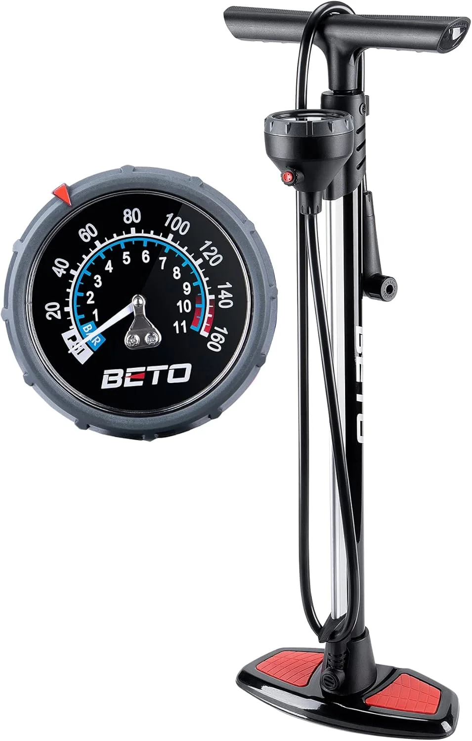 Beto Bike Pump Portable - Bicycle Floor Pump with Industrial Top-Mounted Gauge & Air Bleed Button - Presta Schrader Dunlop Valve Universal, Steel Tube 160 Psi Max Beto Bike Pump Portable - Bicycle Floor Pump with Industrial Top-Mounted Gauge & Air Bleed Button - Presta Schrader Dunlop Valve Universal, Steel Tube 160 Psi Max