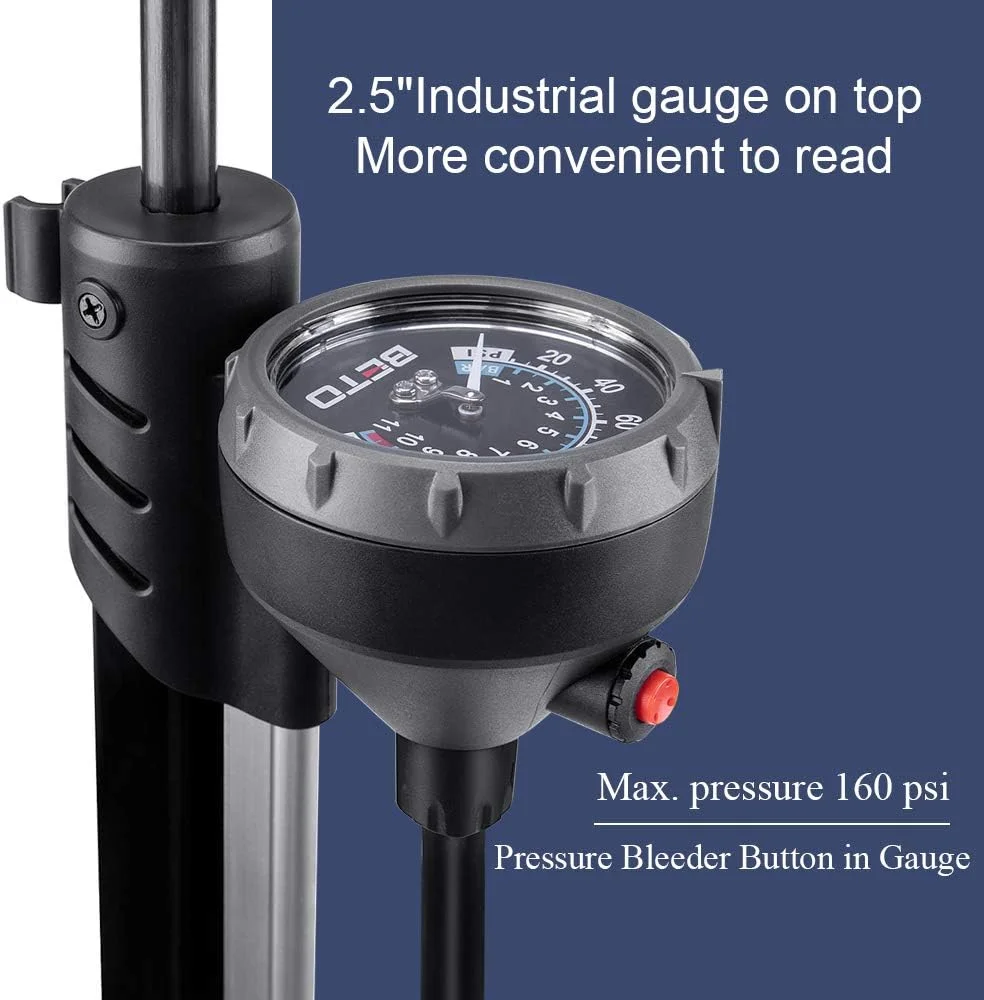 Beto Bike Pump Portable - Bicycle Floor Pump with Industrial Top-Mounted Gauge & Air Bleed Button - Presta Schrader Dunlop Valve Universal, Steel Tube 160 Psi Max Beto Bike Pump Portable - Bicycle Floor Pump with Industrial Top-Mounted Gauge & Air Bleed Button - Presta Schrader Dunlop Valve Universal, Steel Tube 160 Psi Max