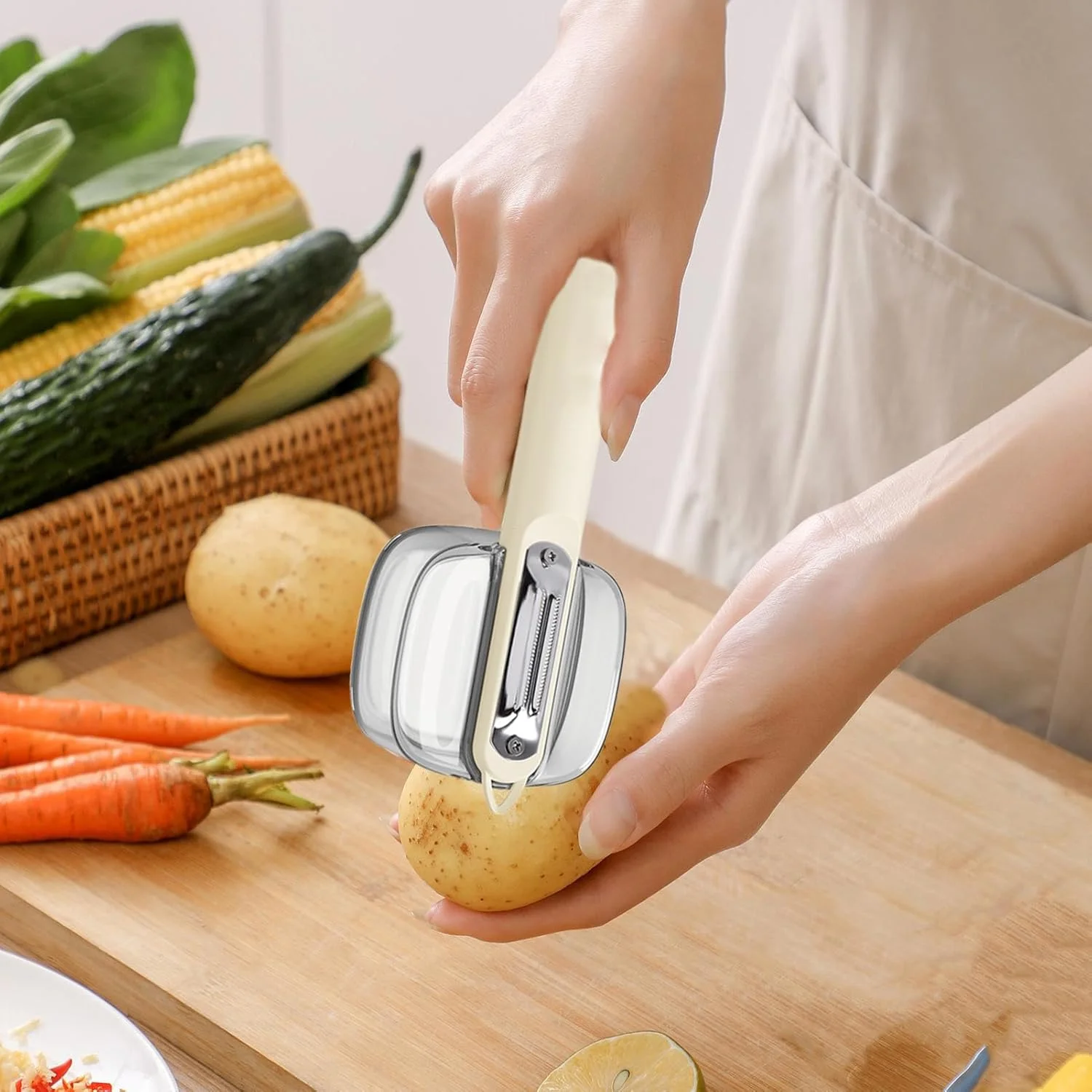 پوست کن با جعبه ذخیره سازی | پوست کن سبزیجات آشپزخانه با جعبه ذخیره سازی | ابزار خانگی با محافظ پاشش برای پردازش سیب زمینی، گوجه فرنگی، پیاز، نیشکر و هویج