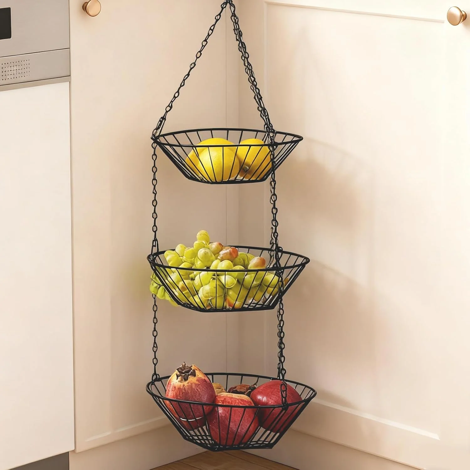 سبد میوه | نگهدارنده 3 طبقه فلزی، سبد نظم دهنده میوه آشپزخانه - برای تنقلات غذایی، نان، سیب زمینی، پیاز، ابزار باغبانی، سازماندهی انباری حیاط باغ حمام