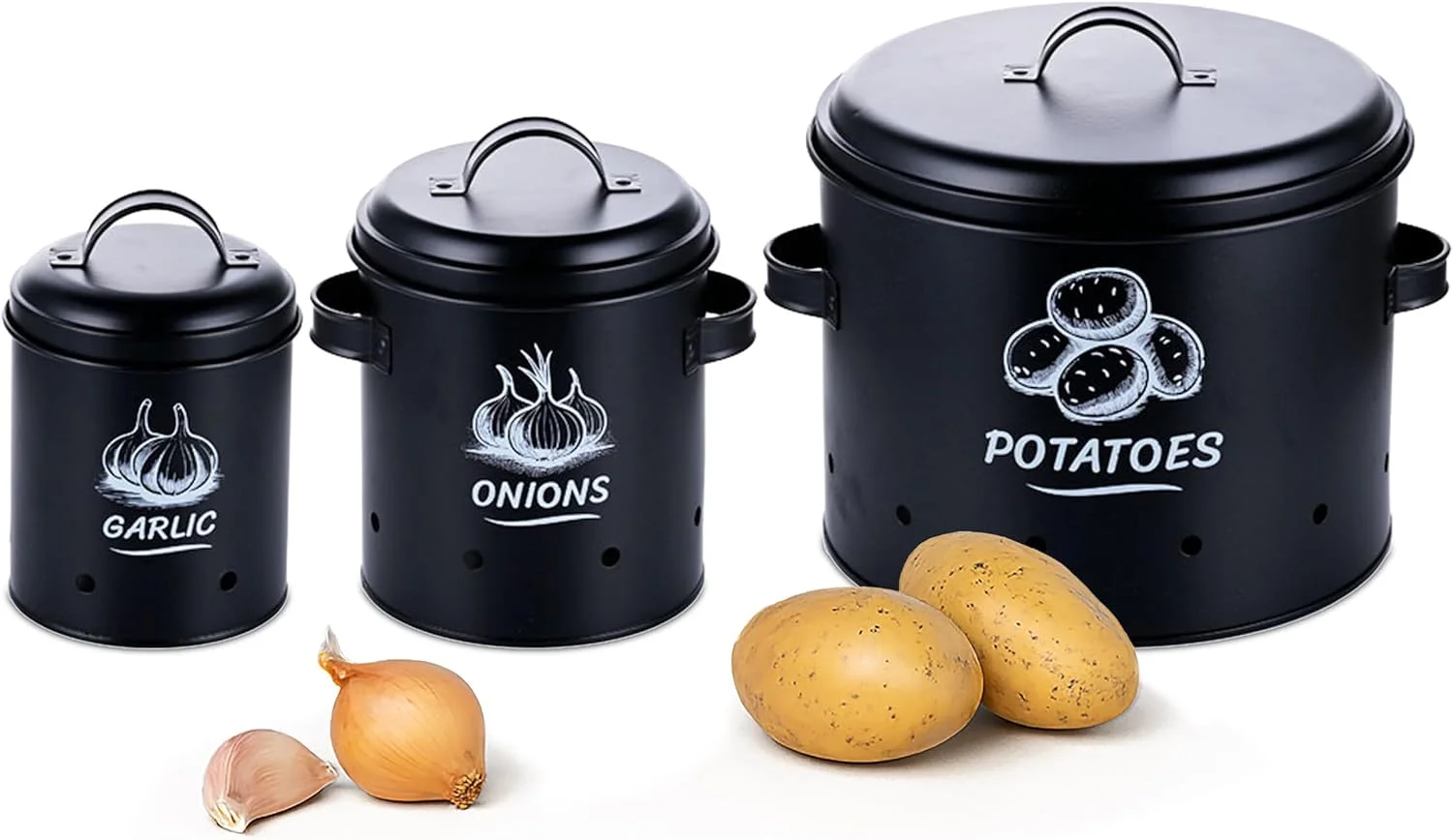 جعبه نگهداری سیب زمینی Relaxdays، پیاز، سیر، ست 3 عددی، با درب و سوراخ، فلزی، ظرف پیاز، مشکی