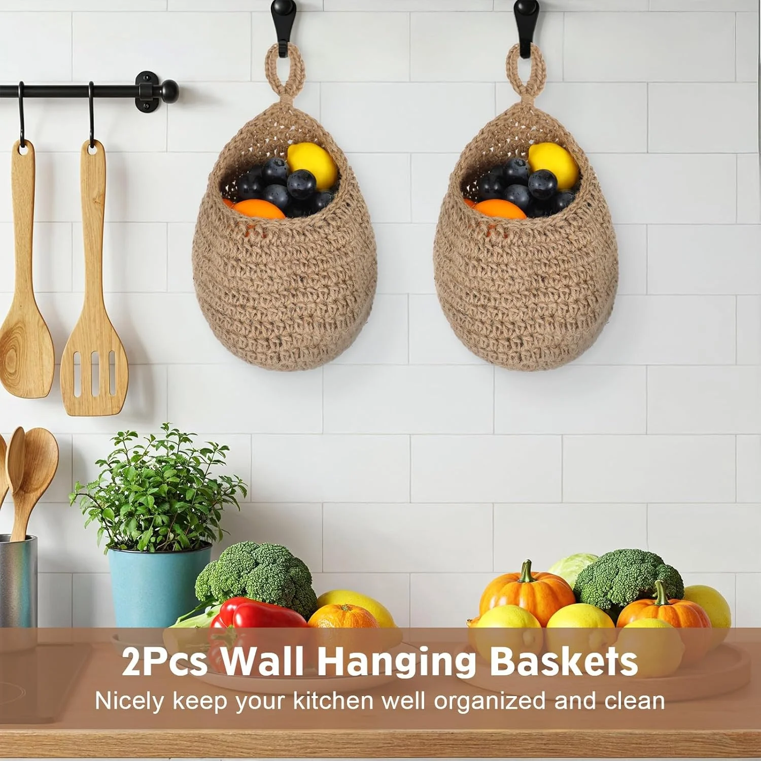 سبد آویز حصیری پرسی افی 2 عددی، سبد آویز بوهو برای نگهداری و سازماندهی میوه، سبد توری دیواری برای نگهداری سبزیجات، سیب زمینی و پیاز، مناسب اتاق نشیمن و اتاق خواب